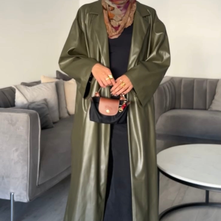 Faux Leather Trench Coat Olive Green