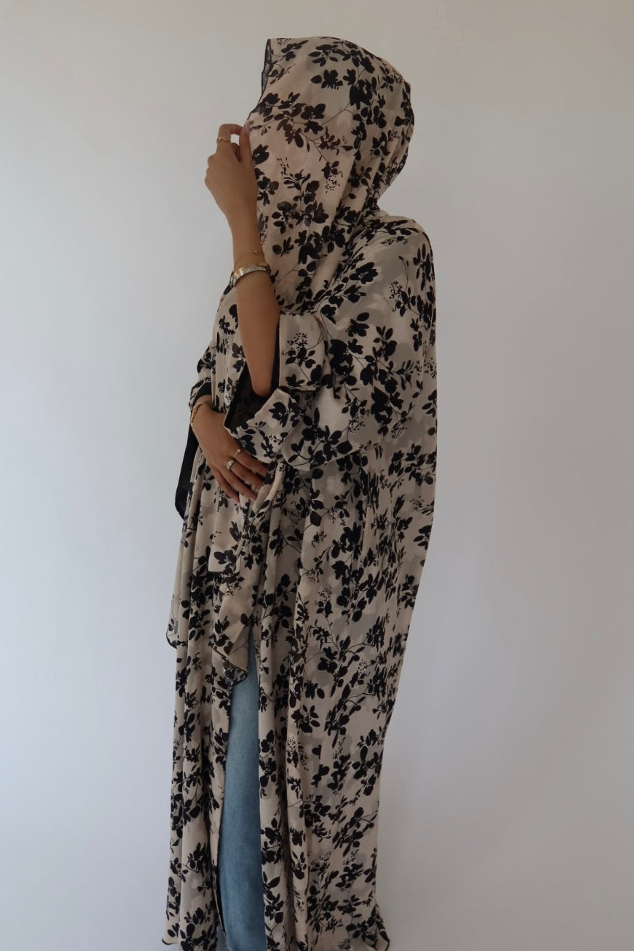 Black Floral print abaya with matching scarf