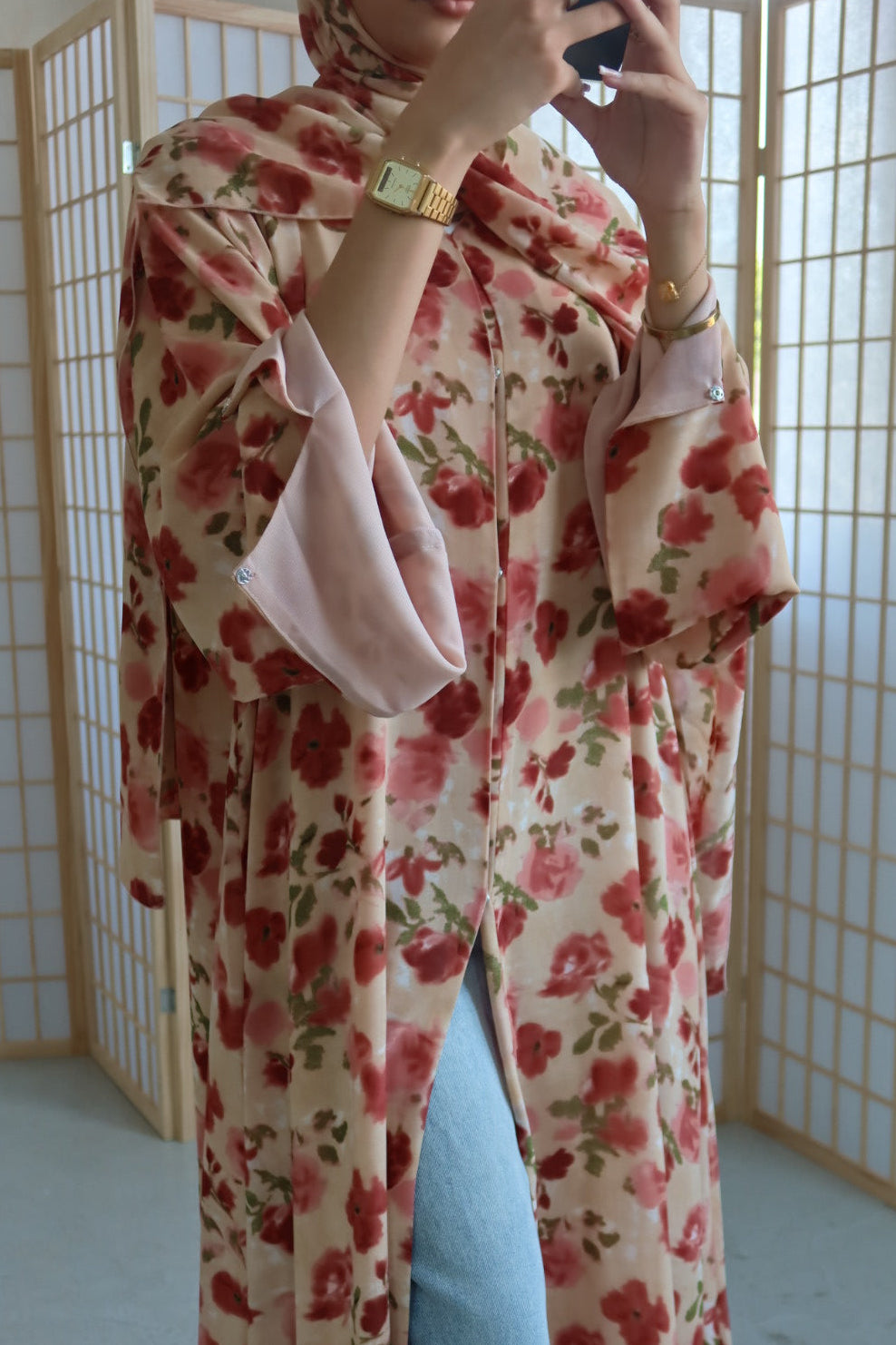 Blush Rose print abaya with matching scarf