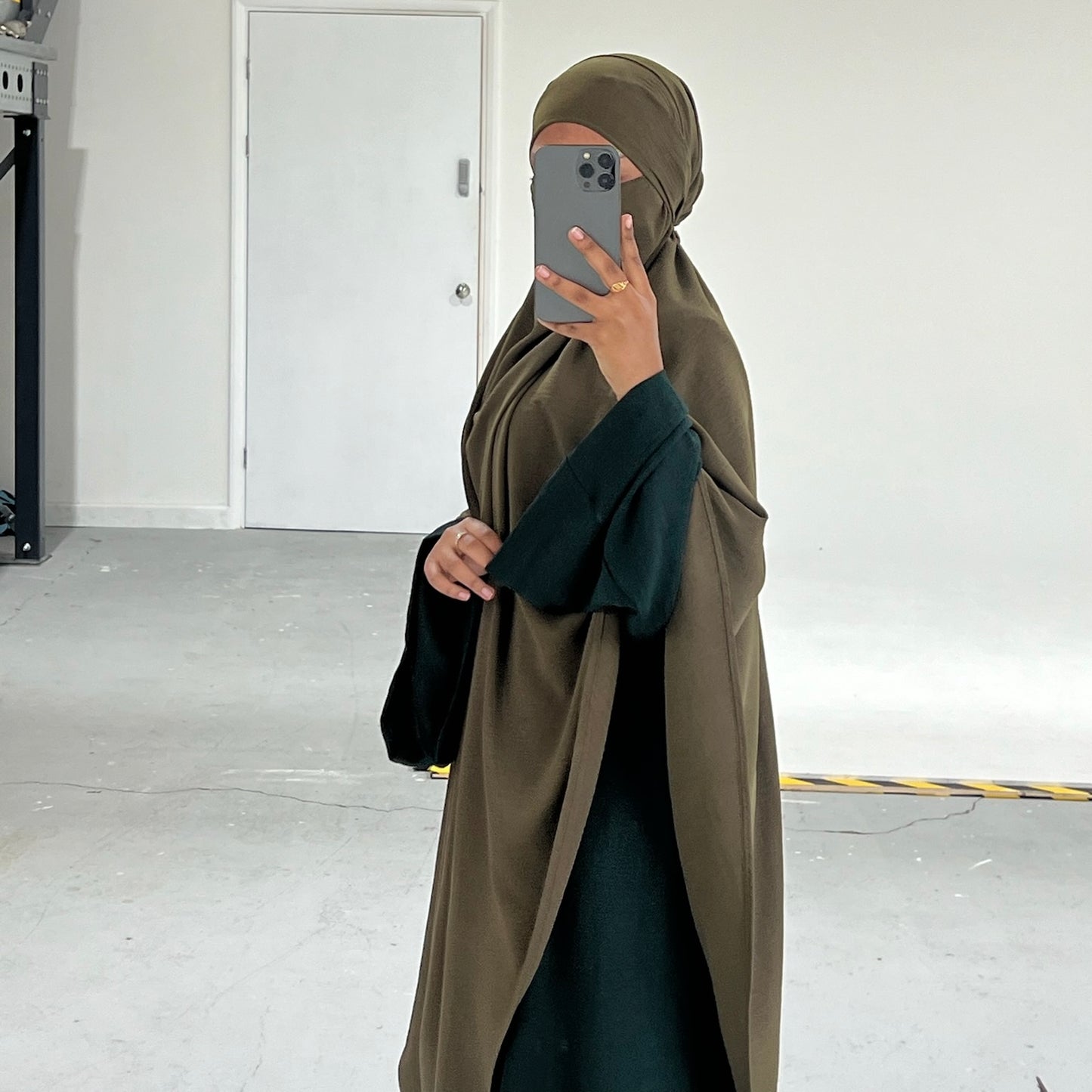 Extra Long Crepe Olive Green Khimar with Niqab Ties
