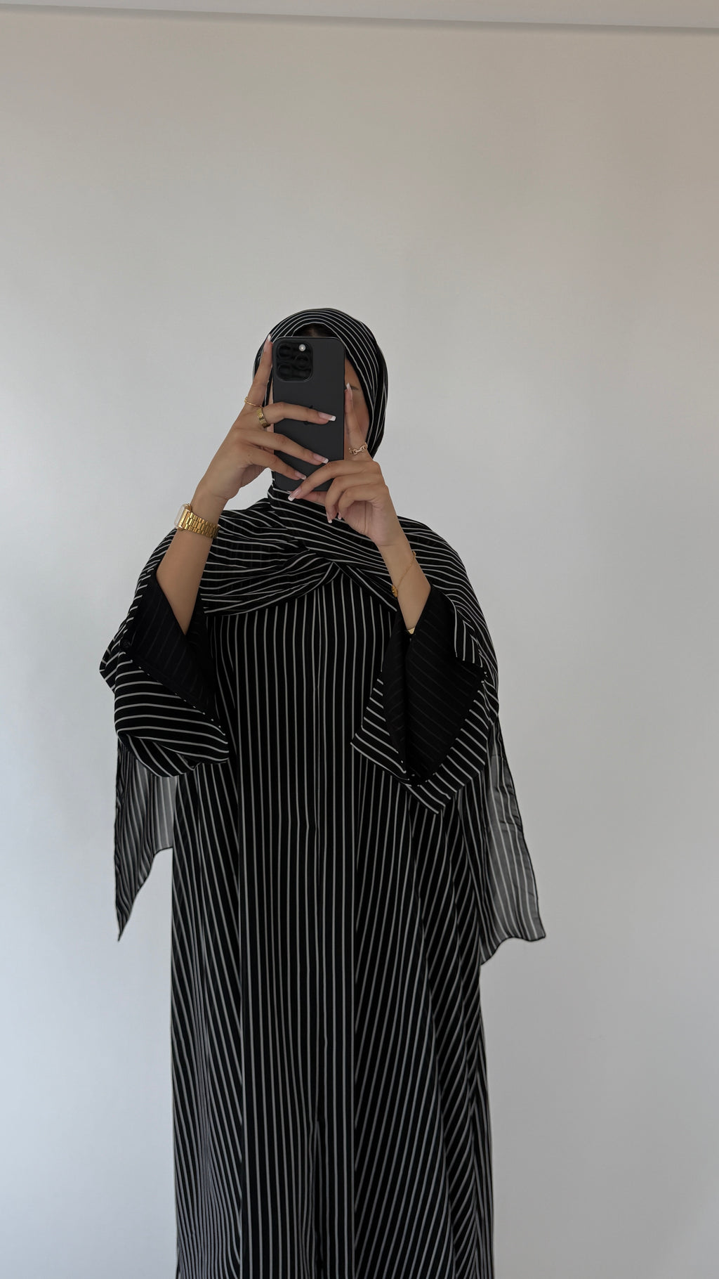 Black and White Pin Stripe abaya with matching scarf