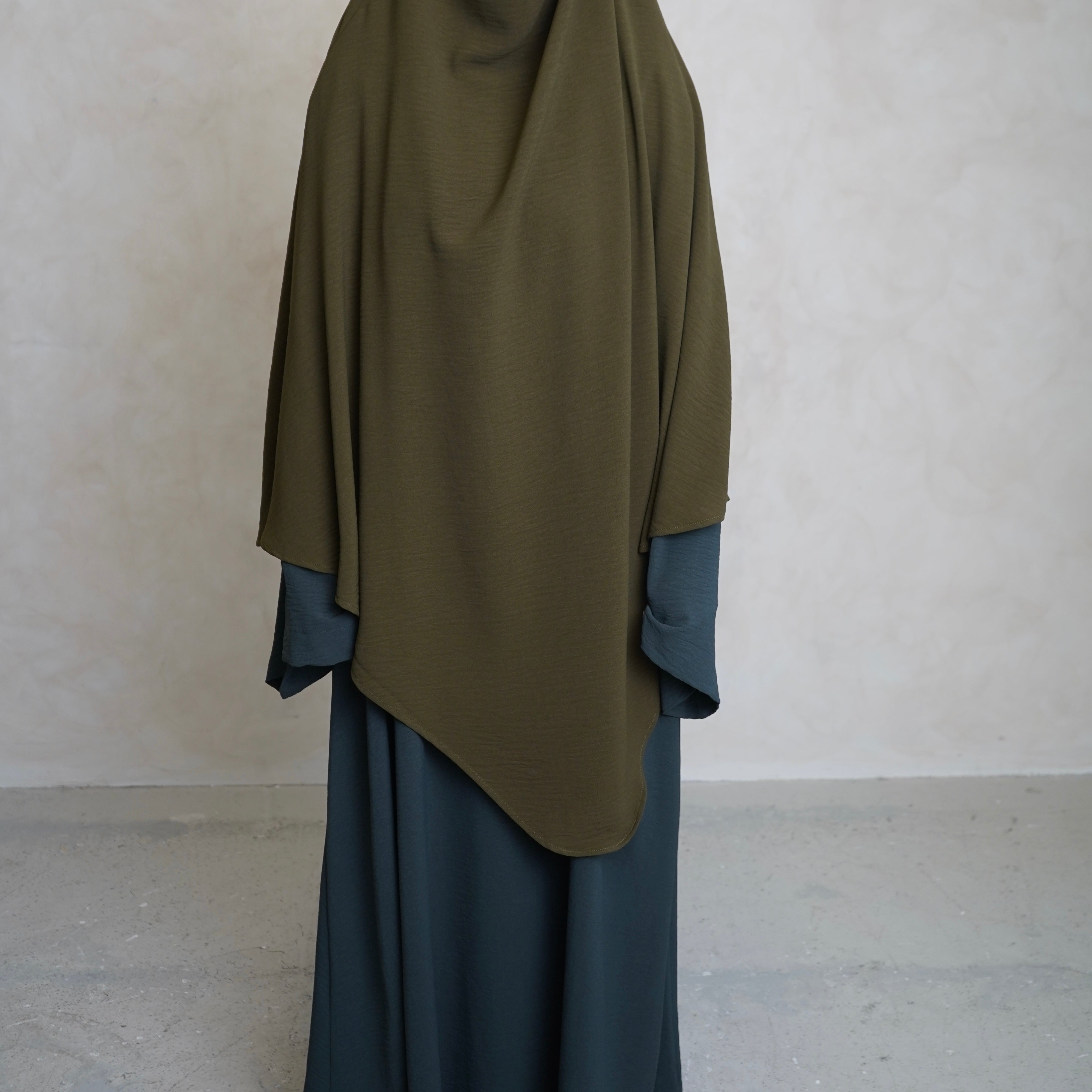 Olive Green Crepe Khimar with Niqab Ties