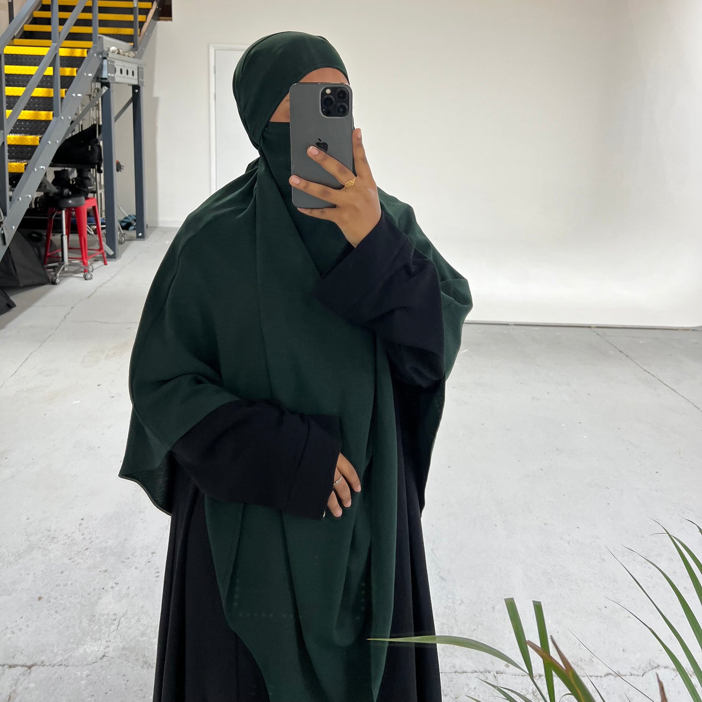 Bottle Green Crepe Khimar with Niqab Ties