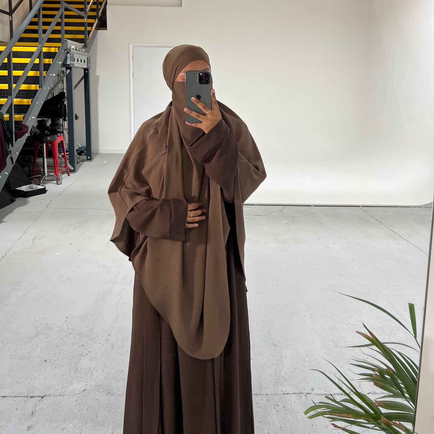 Brown Crepe Khimar with Niqab Ties