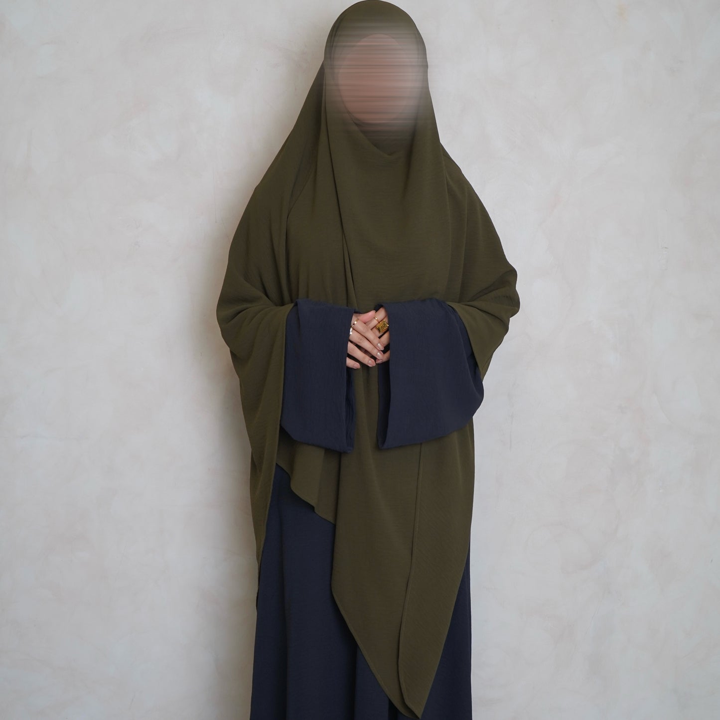 Extra Long Crepe Olive Green Khimar with Niqab Ties