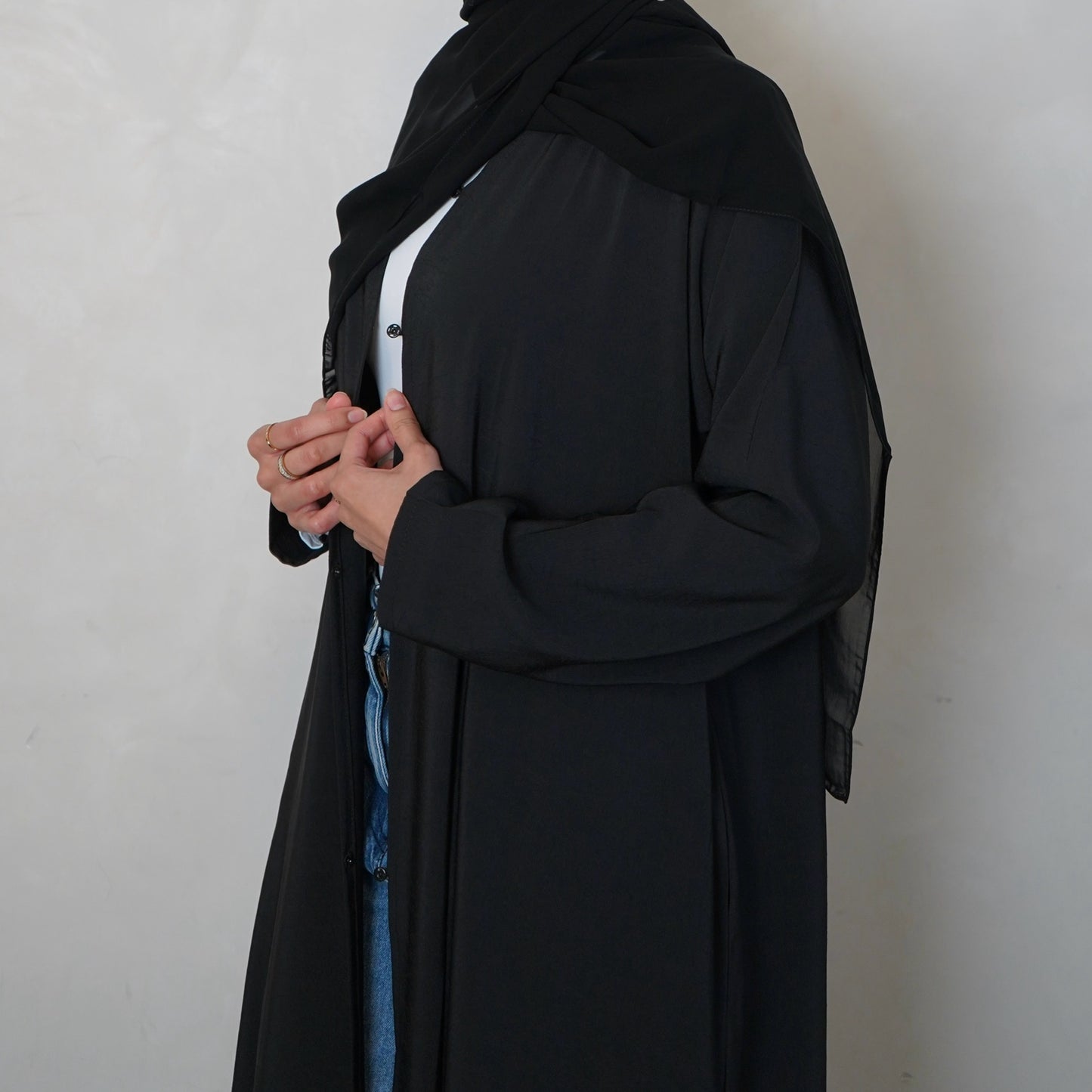 Textured Black Open Abaya with Scarf