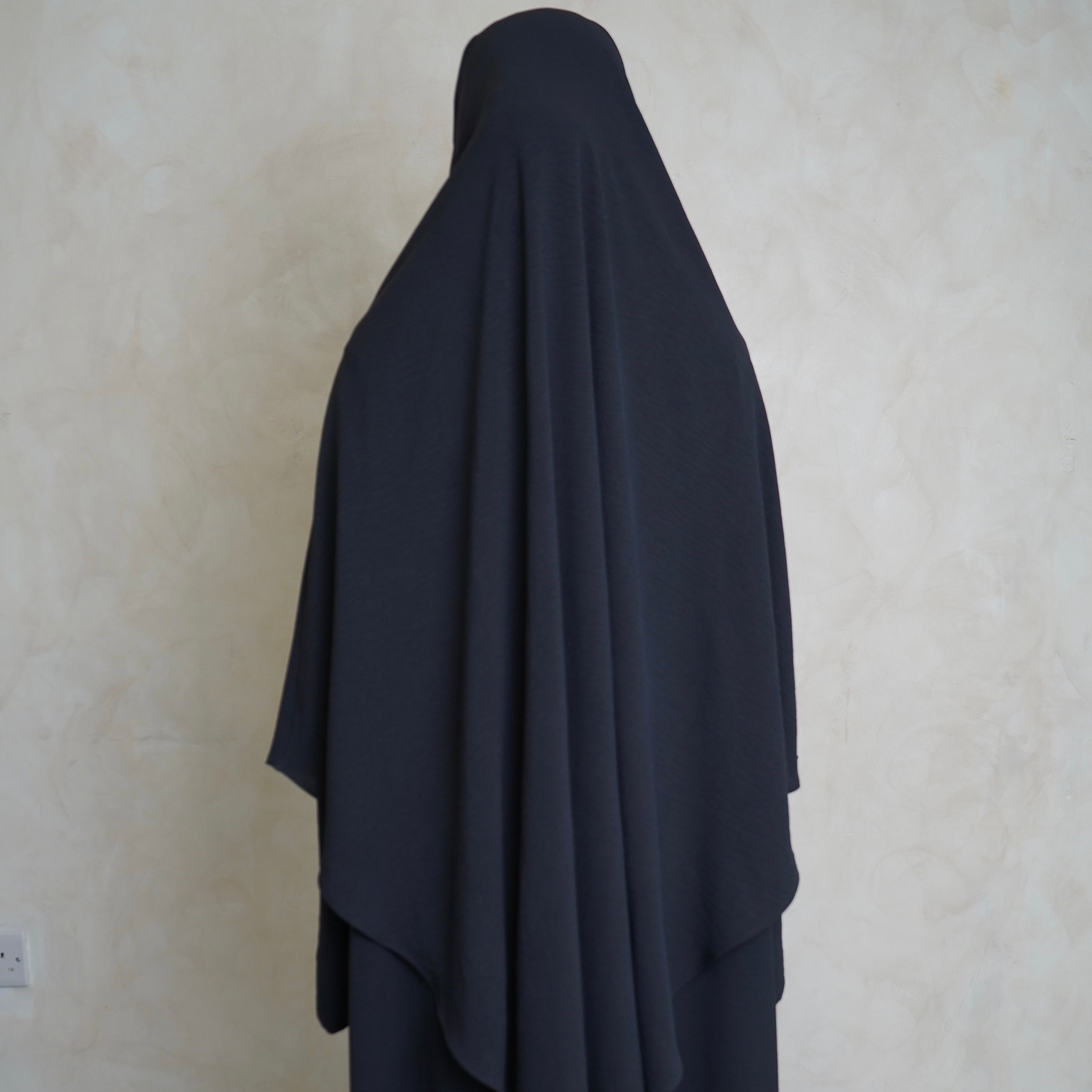 Extra Long Crepe Navy Grey Khimar with Niqab Ties