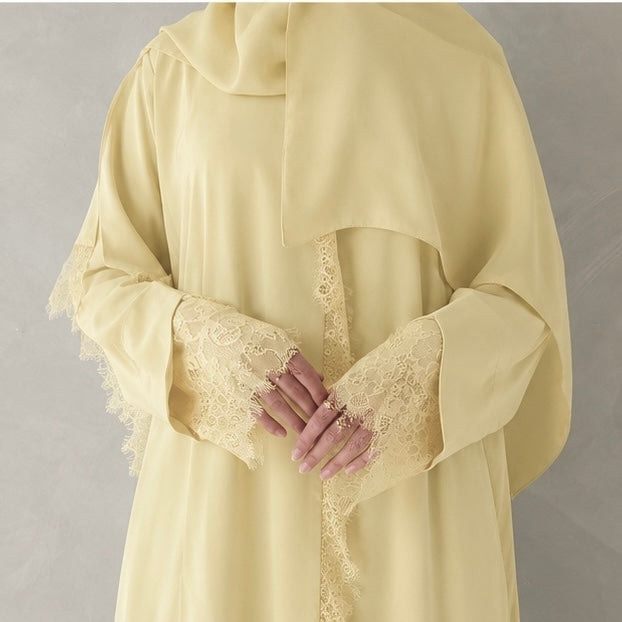 Butter yellow laced abaya with sheila scarf