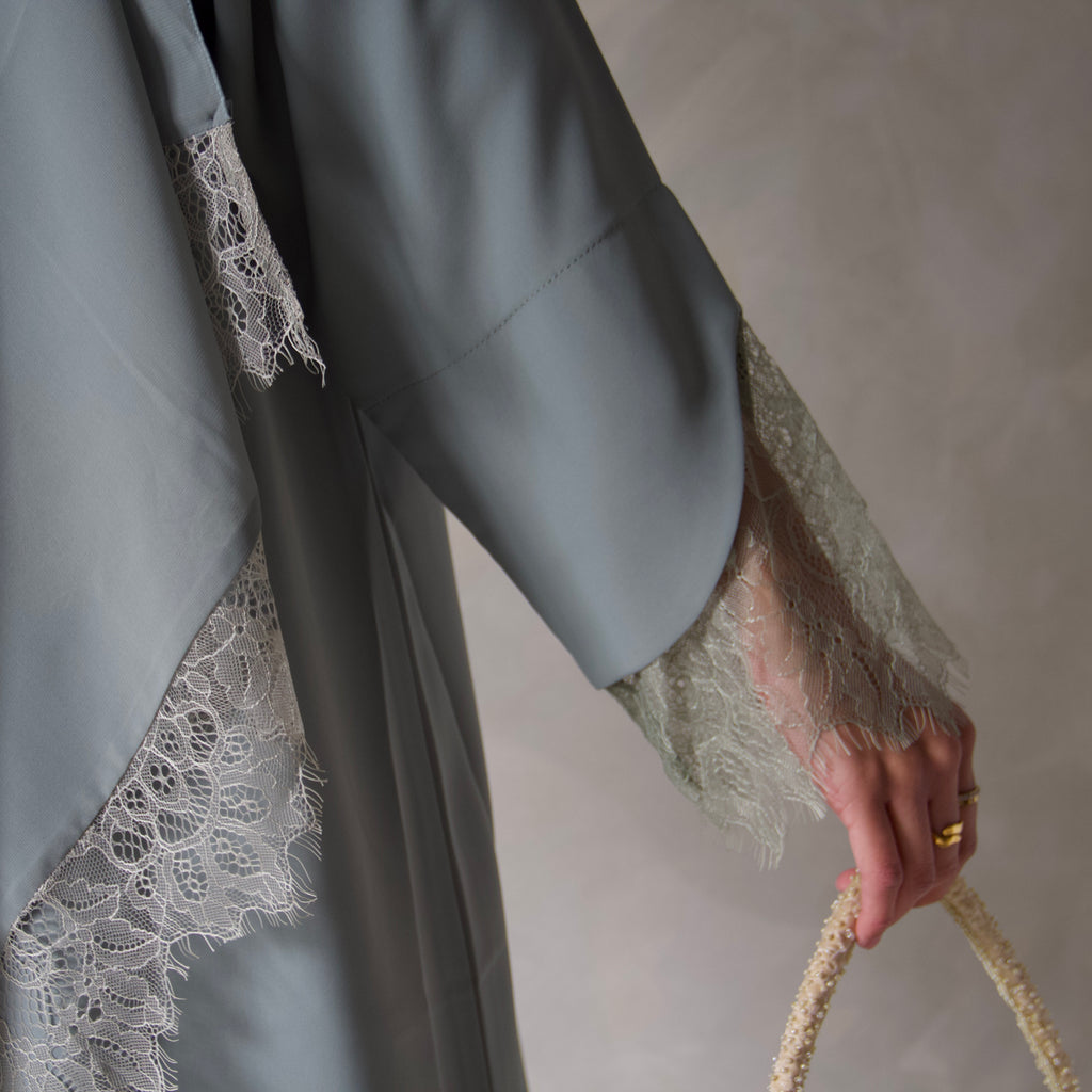 Sage green laced abaya with sheila scarf