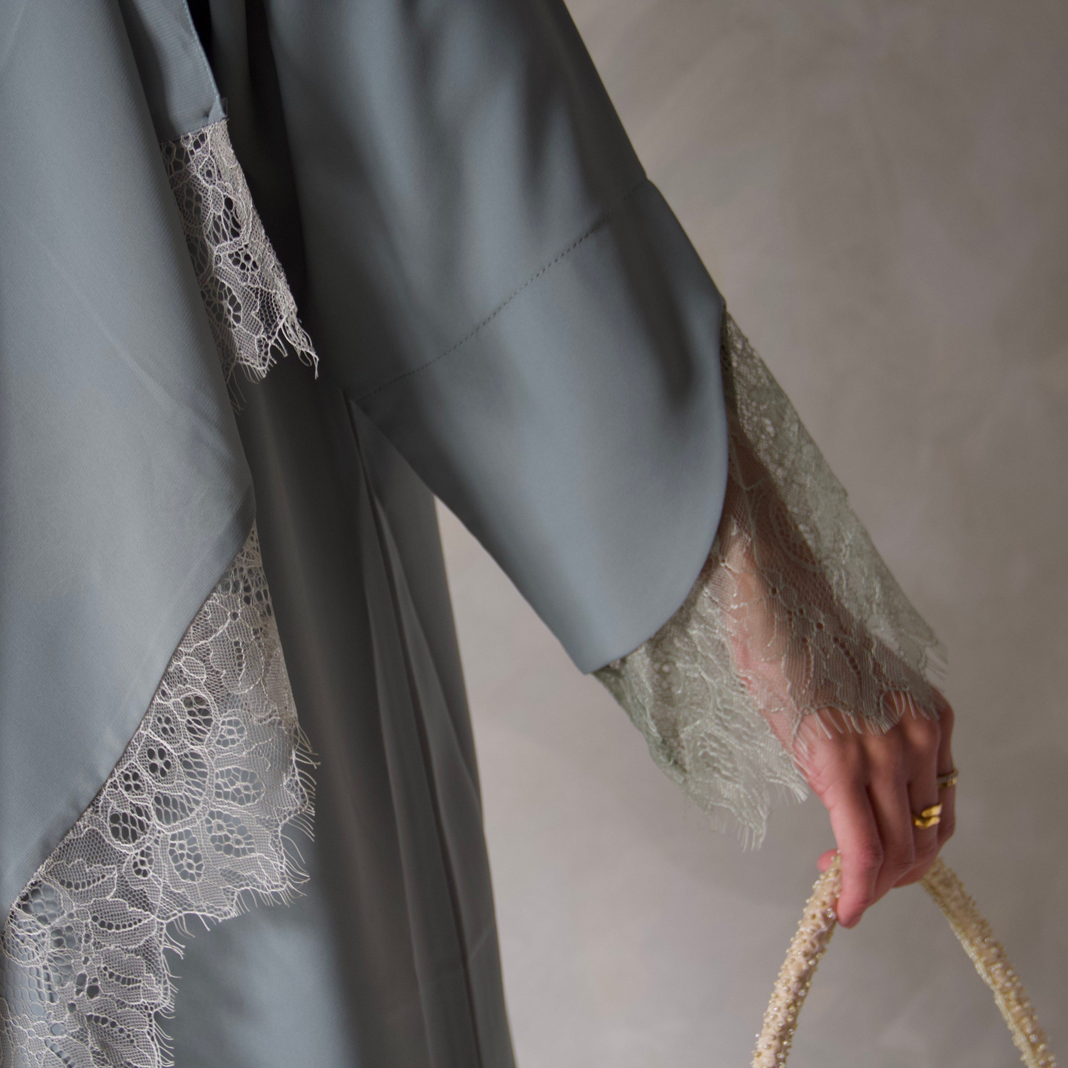 Sage green laced abaya with sheila scarf