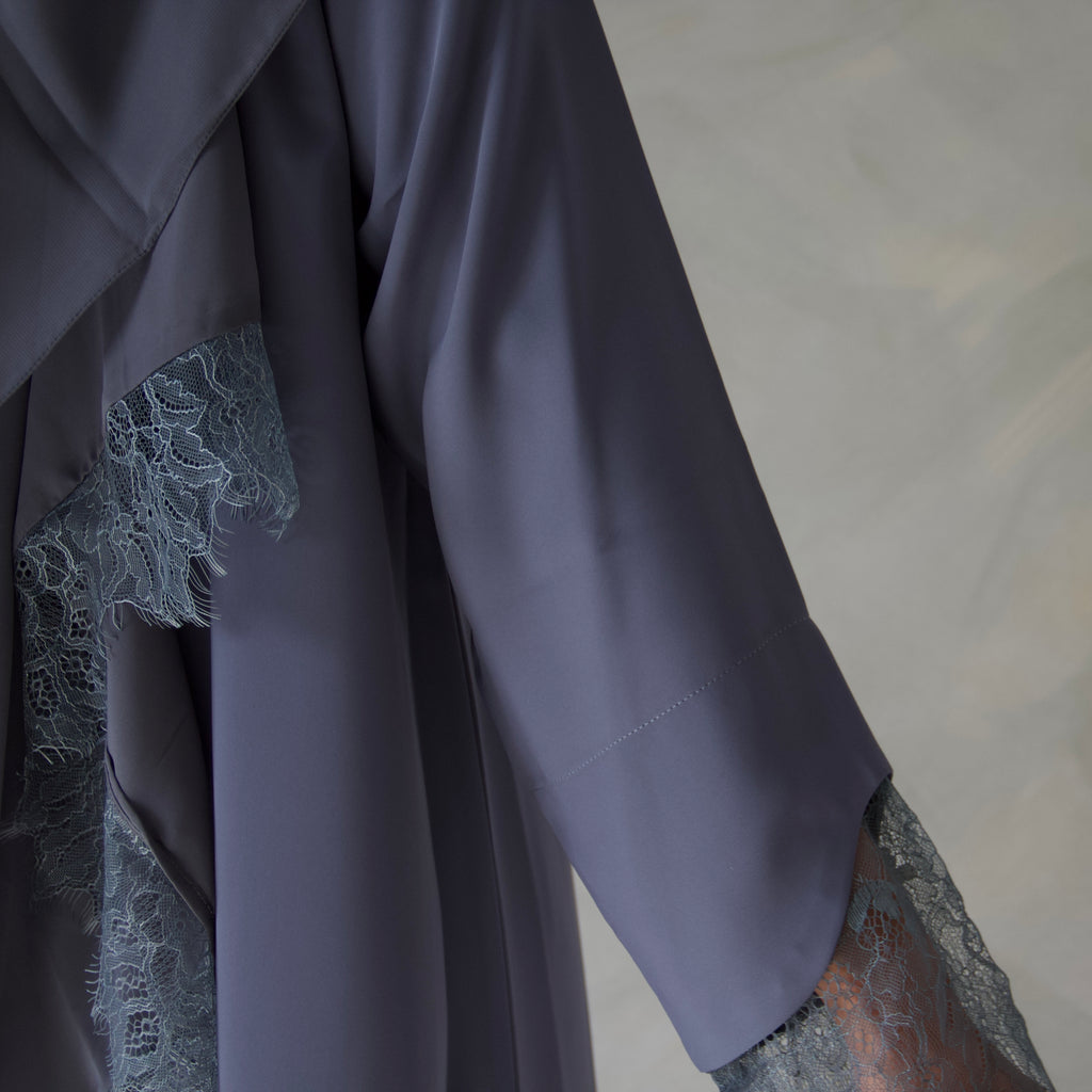 Slate grey laced abaya with sheila scarf
