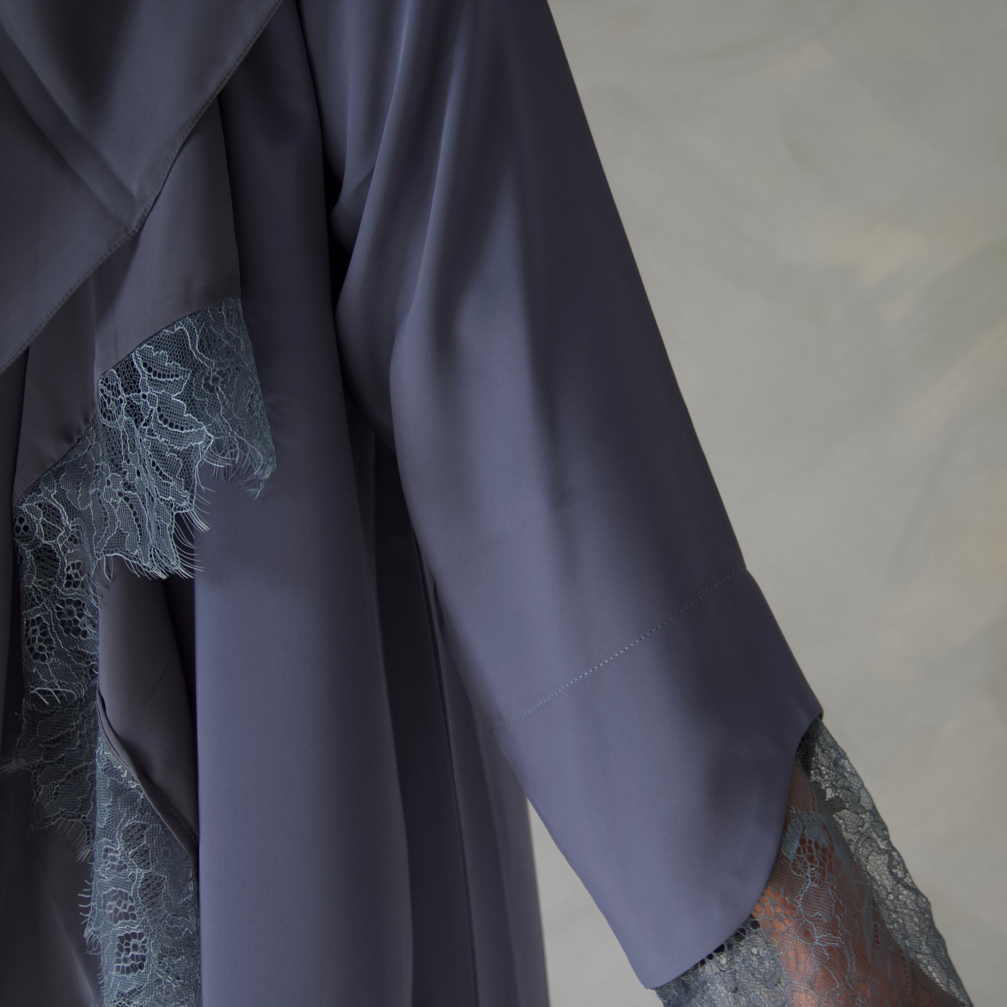 Slate grey laced abaya with sheila scarf
