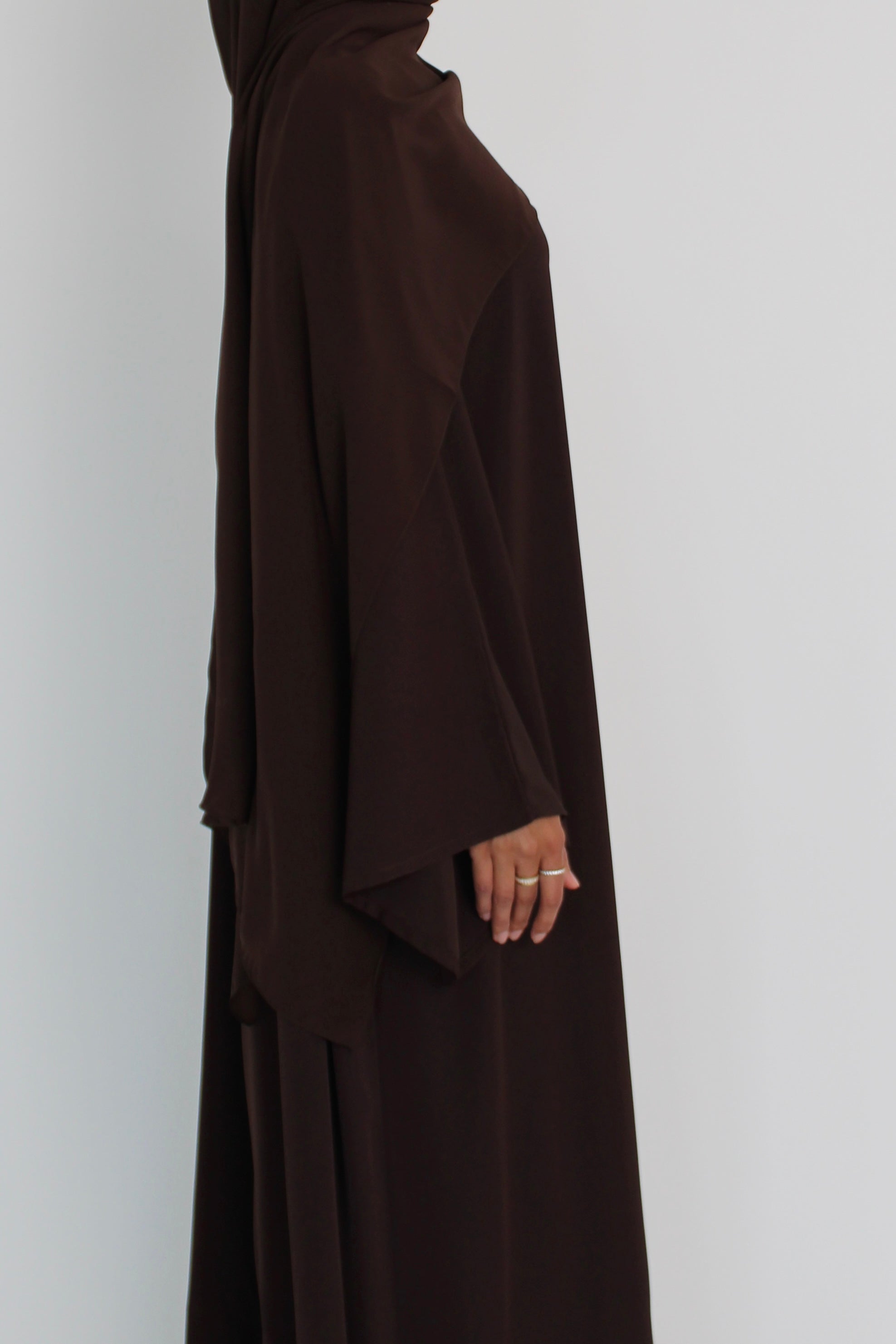 Choc Brown Signature Bell Sleeve Abaya with hijab