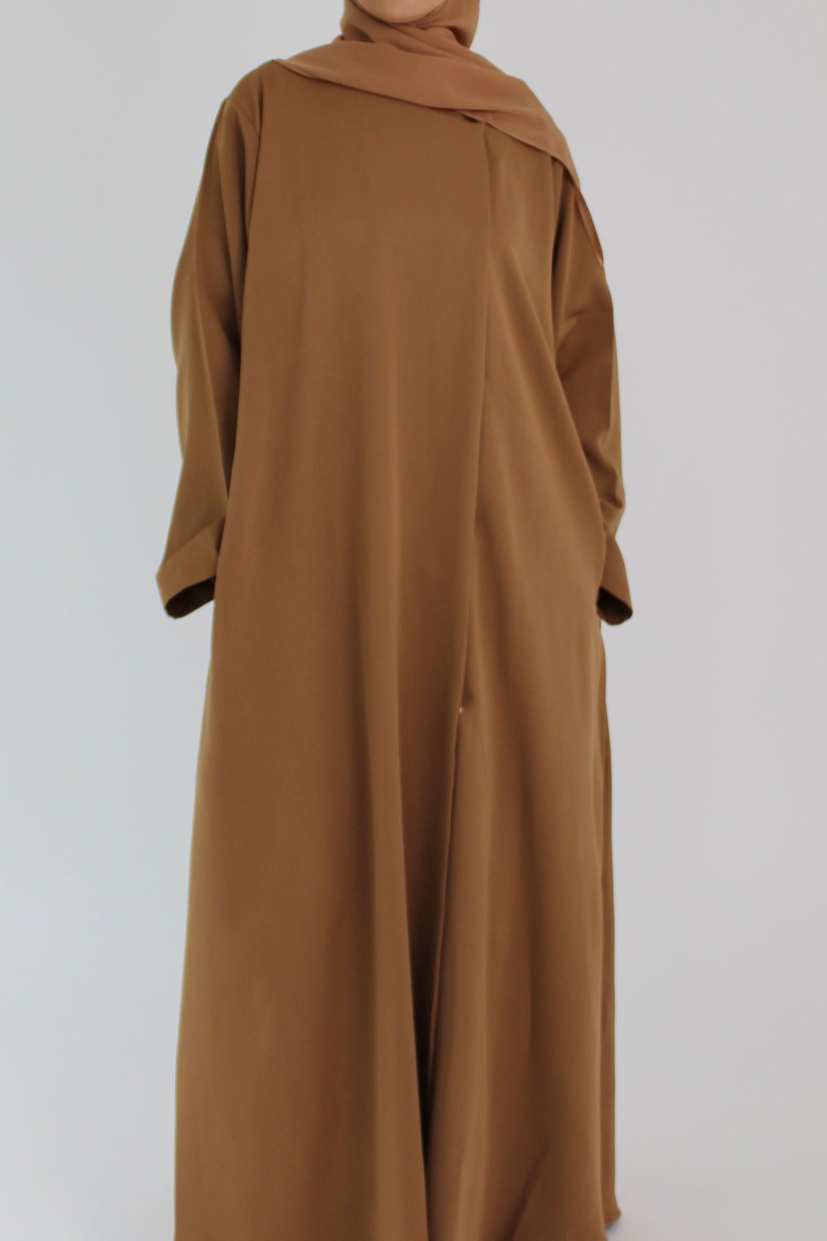 Caramel Camel Draped Coat with Matching Sheila Hijab