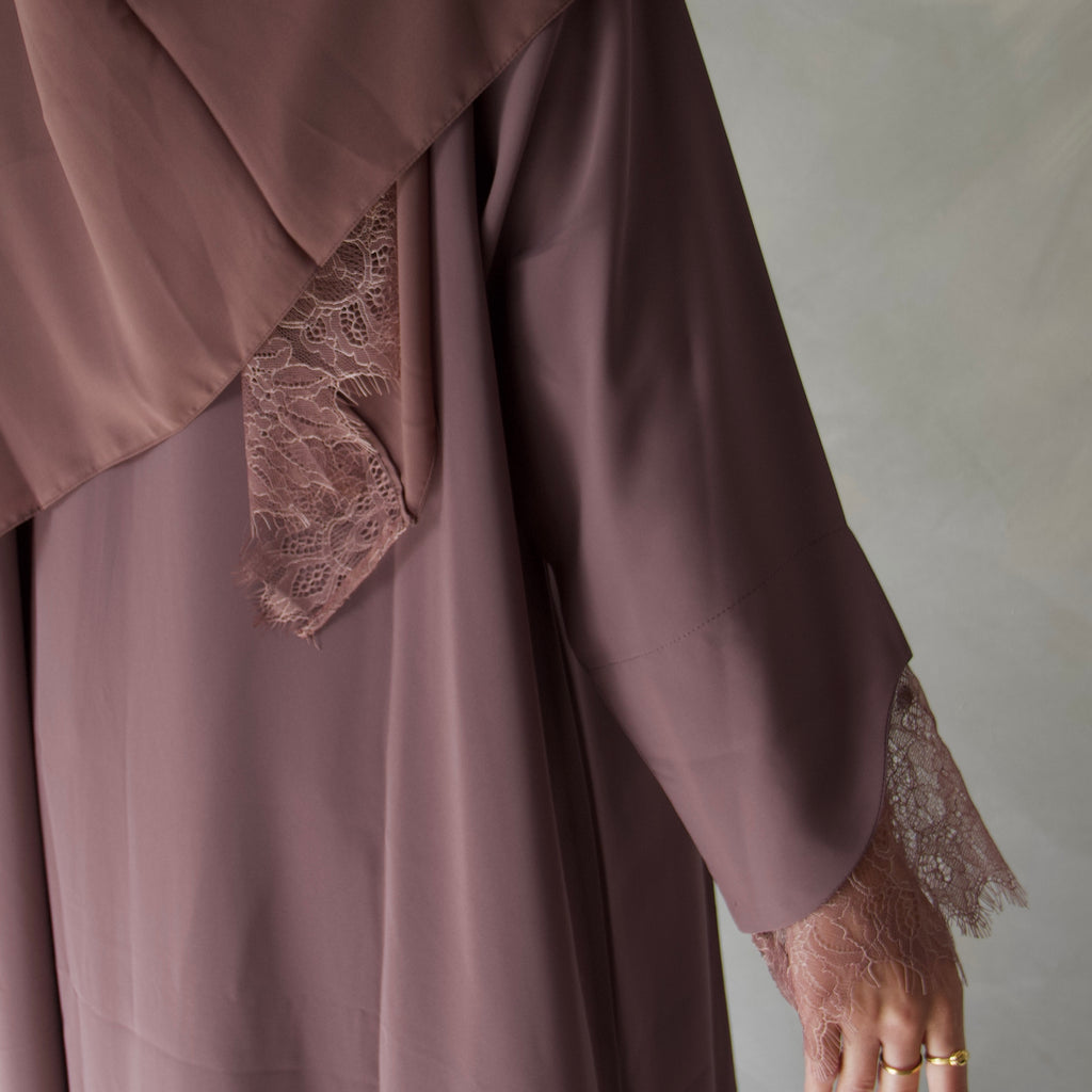 Brown laced abaya with sheila scarf