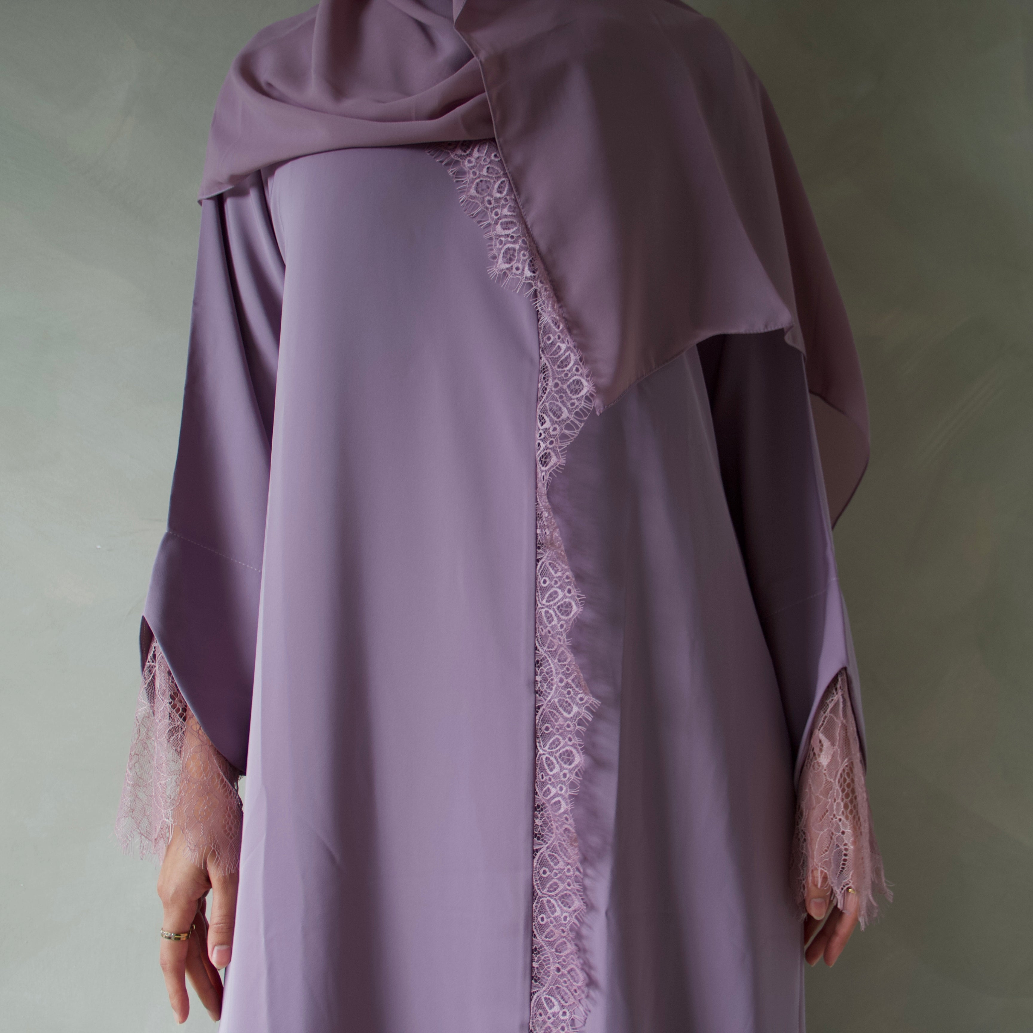 Lavender laced abaya with sheila scarf