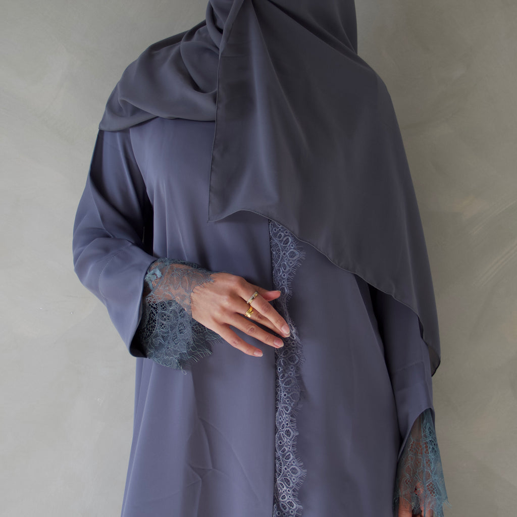 Slate grey laced abaya with sheila scarf