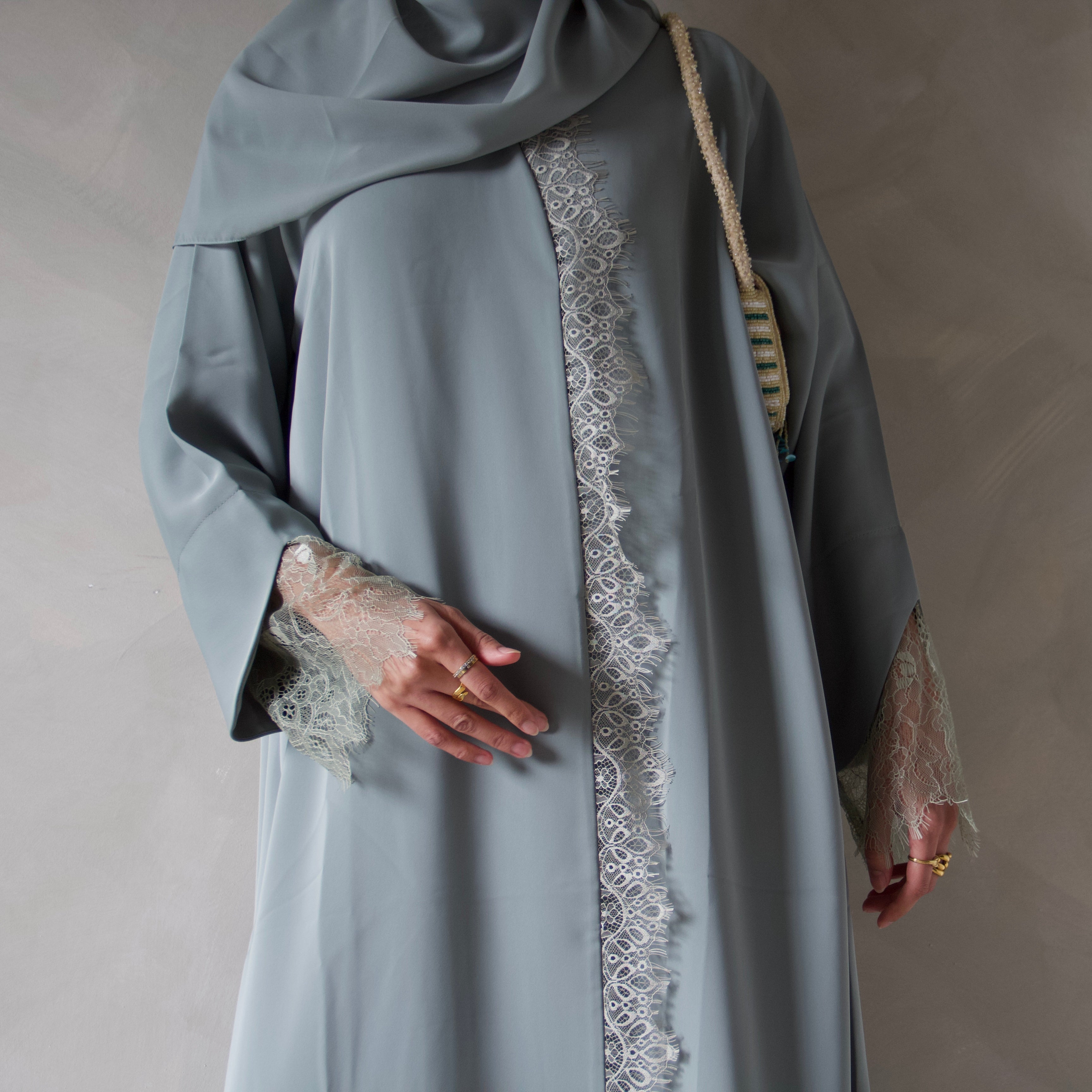 Sage green laced abaya with sheila scarf