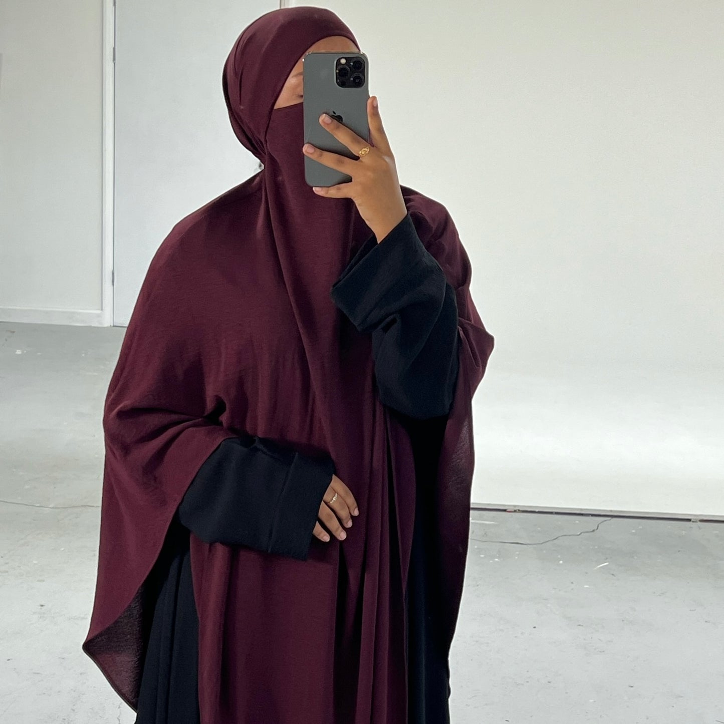 Extra Long Crepe Burgundy Khimar with Niqab Ties