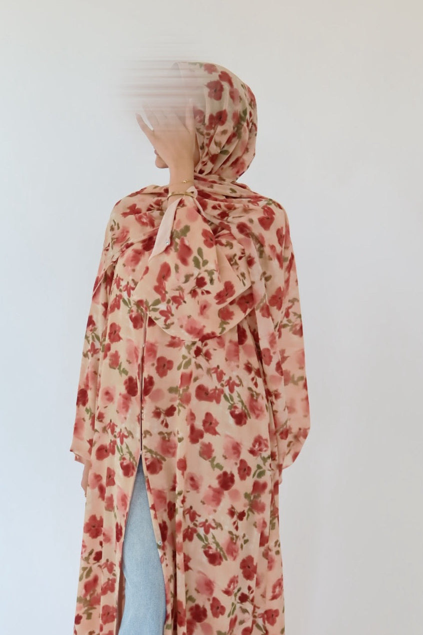 Blush Rose print abaya with matching scarf