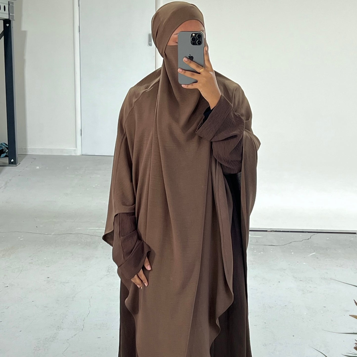 Extra Long Crepe Brown Khimar with Niqab Ties