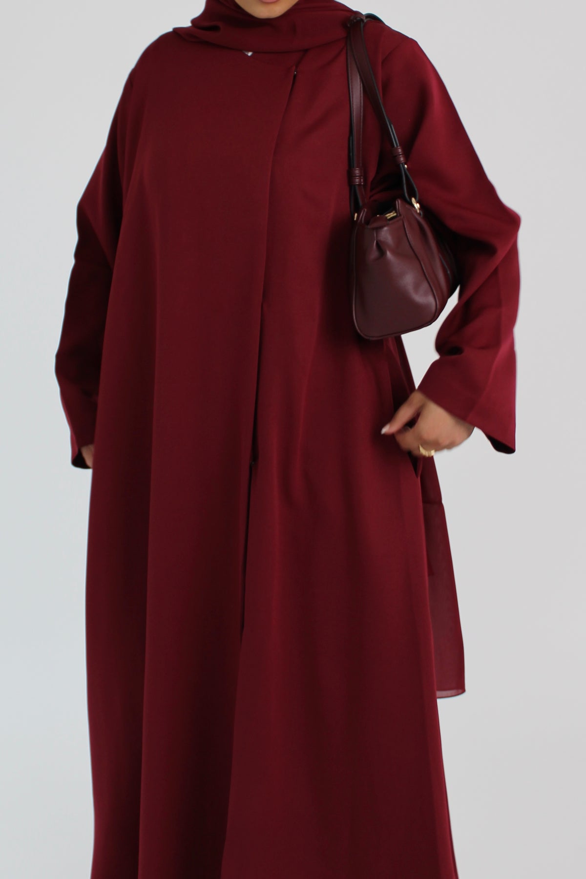 Cherry Red Draped Coat with Matching Sheila Hijab