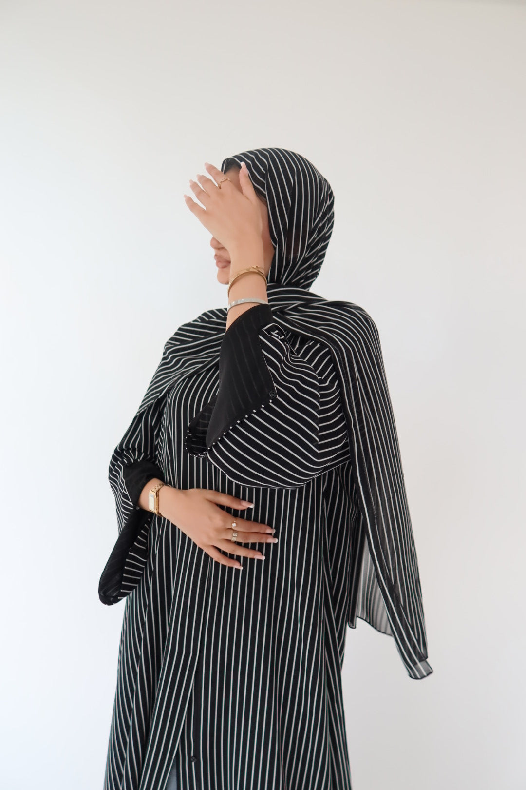 Black and White Pin Stripe abaya with matching scarf