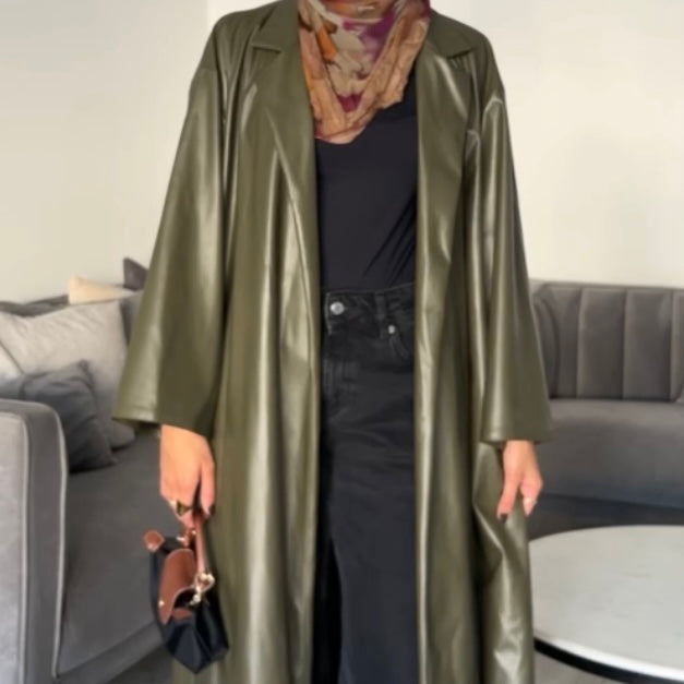 Faux Leather Trench Coat Olive Green