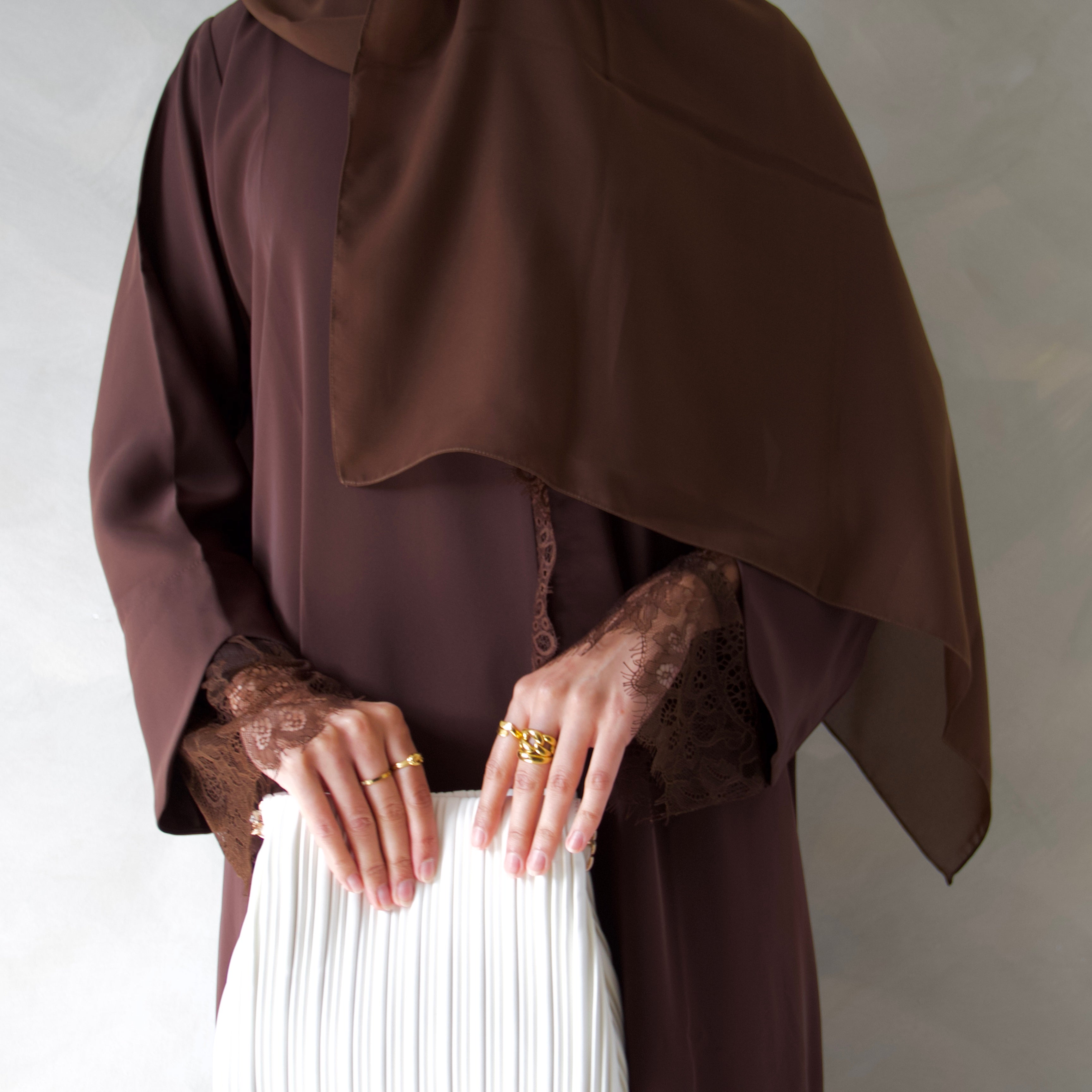 Choc brown laced abaya with sheila scarf