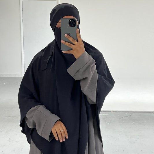 Navy Grey Crepe with Khimar Niqab Ties