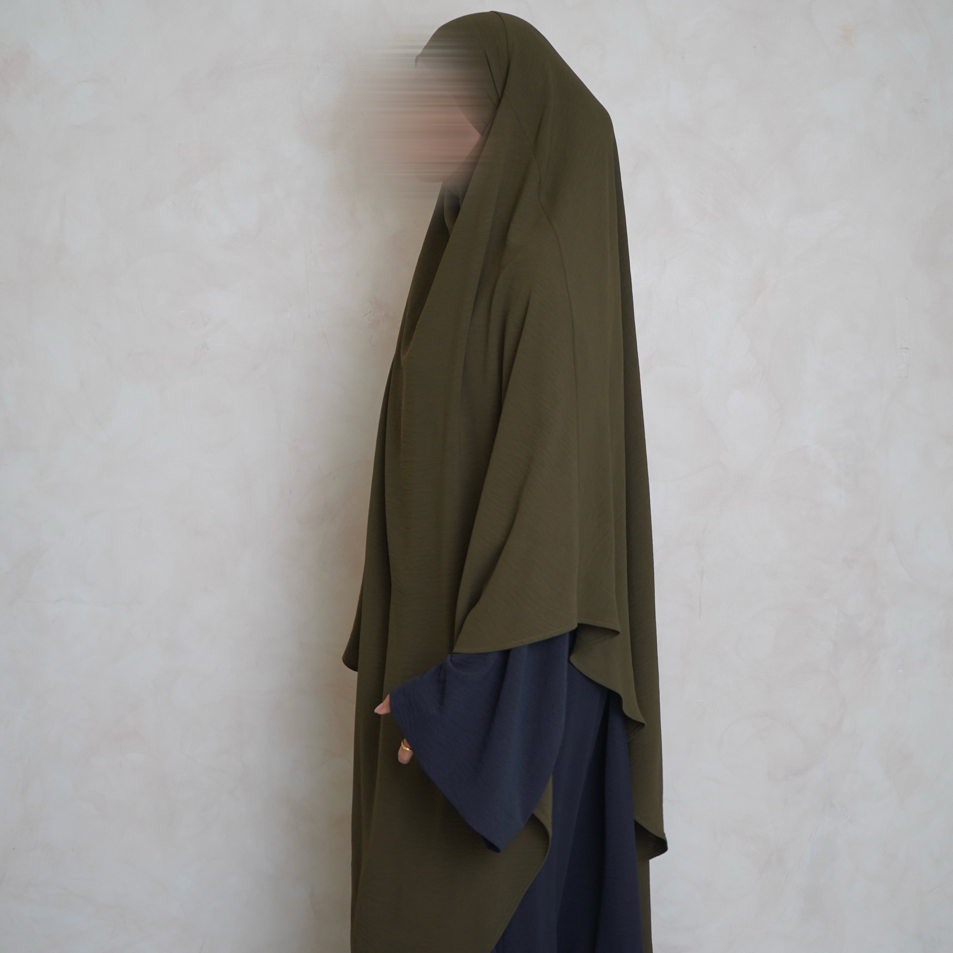 Extra Long Crepe Olive Green Khimar with Niqab Ties