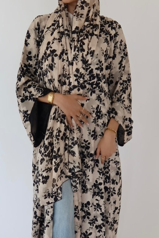 Black Floral print abaya with matching scarf