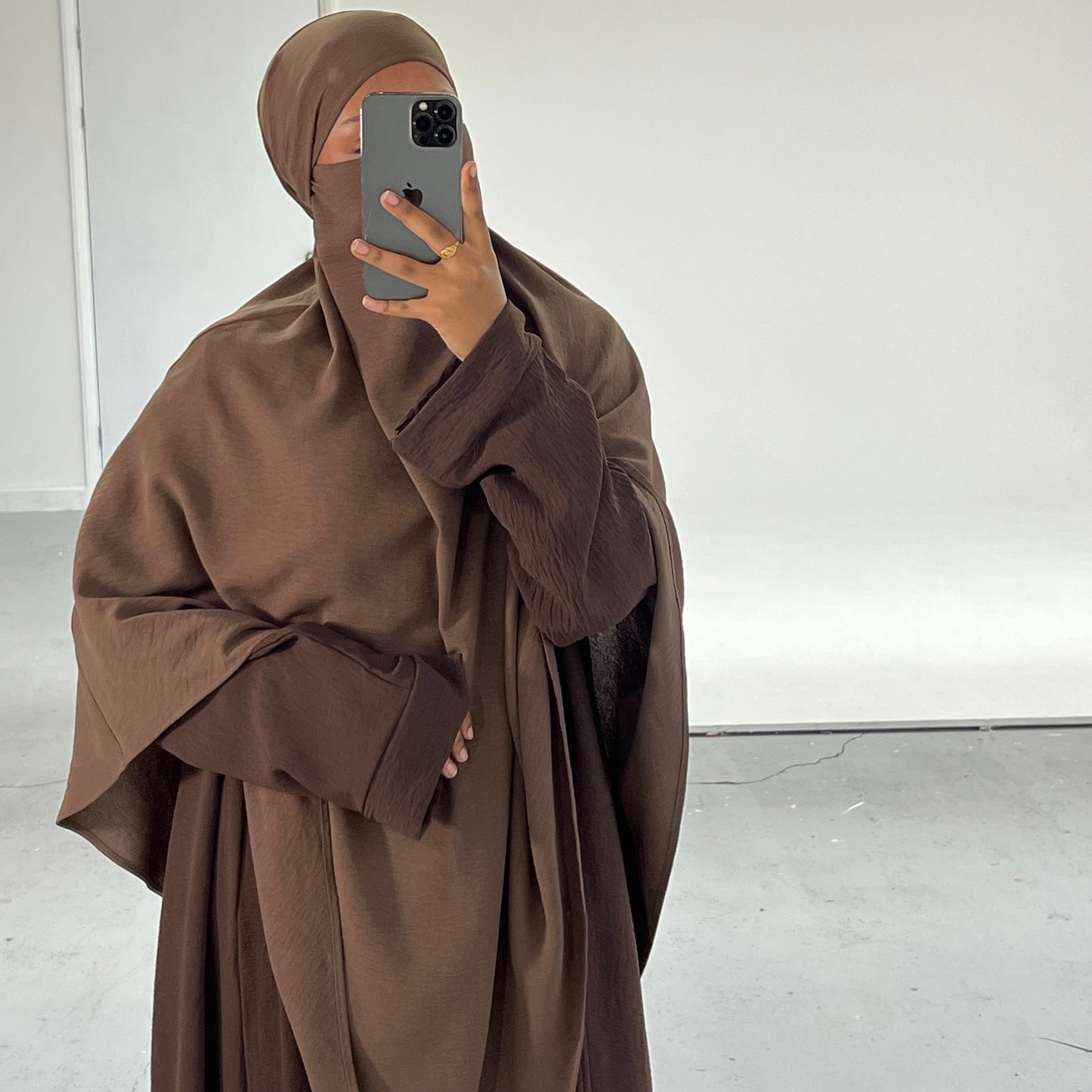 Brown Crepe Khimar with Niqab Ties
