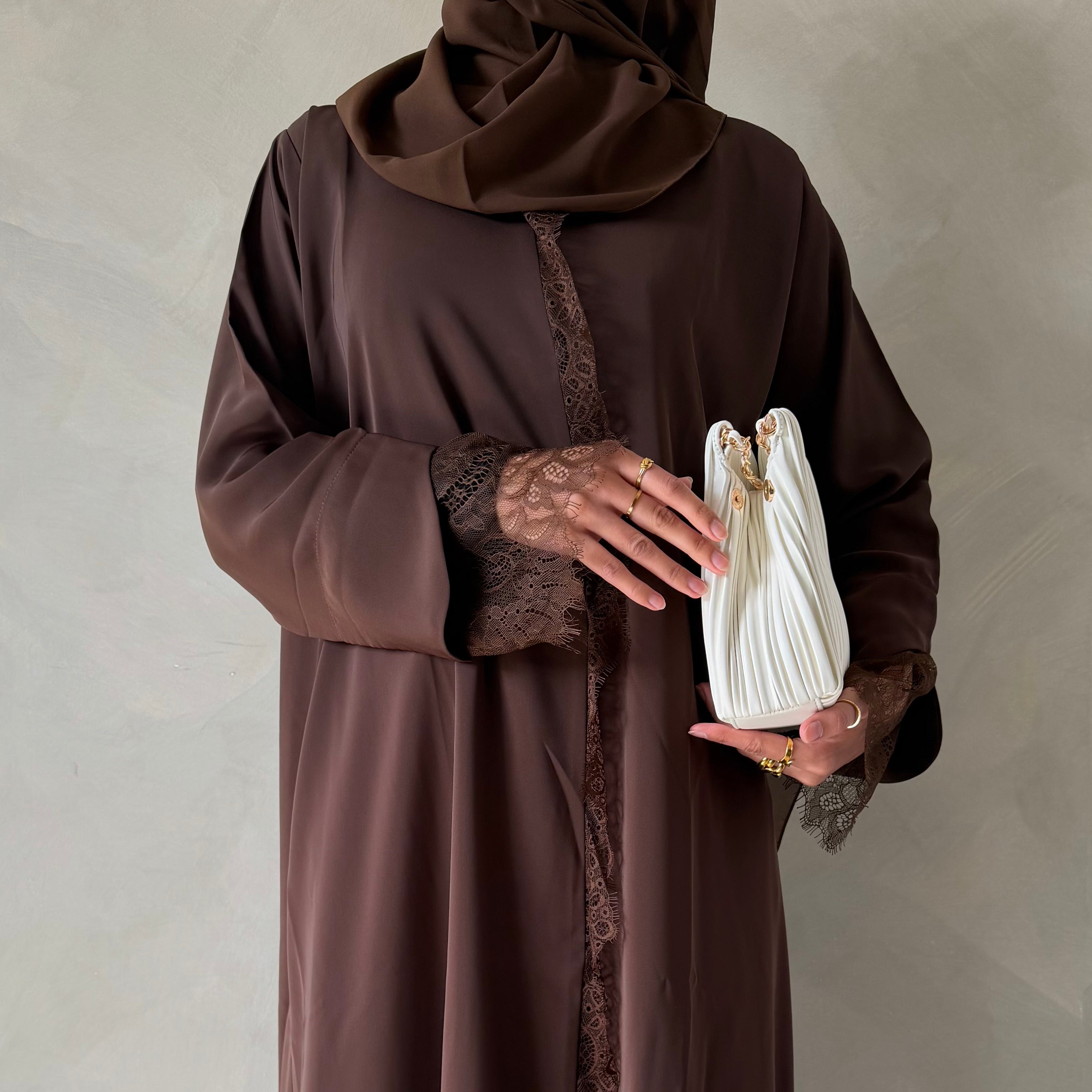 Choc brown laced abaya with sheila scarf