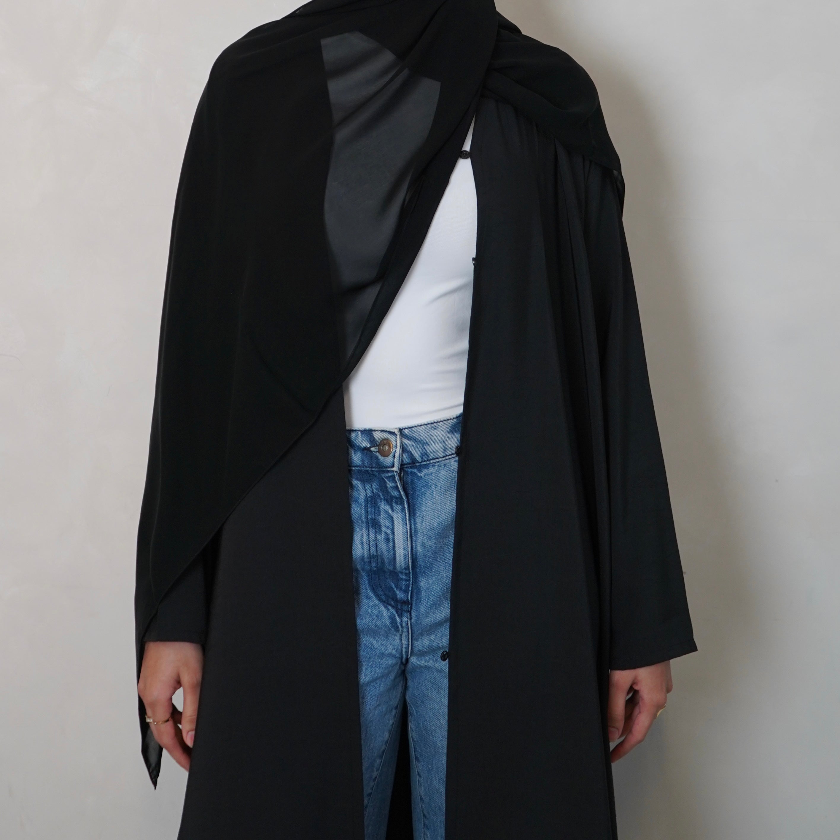 Textured Black Open Abaya with Scarf