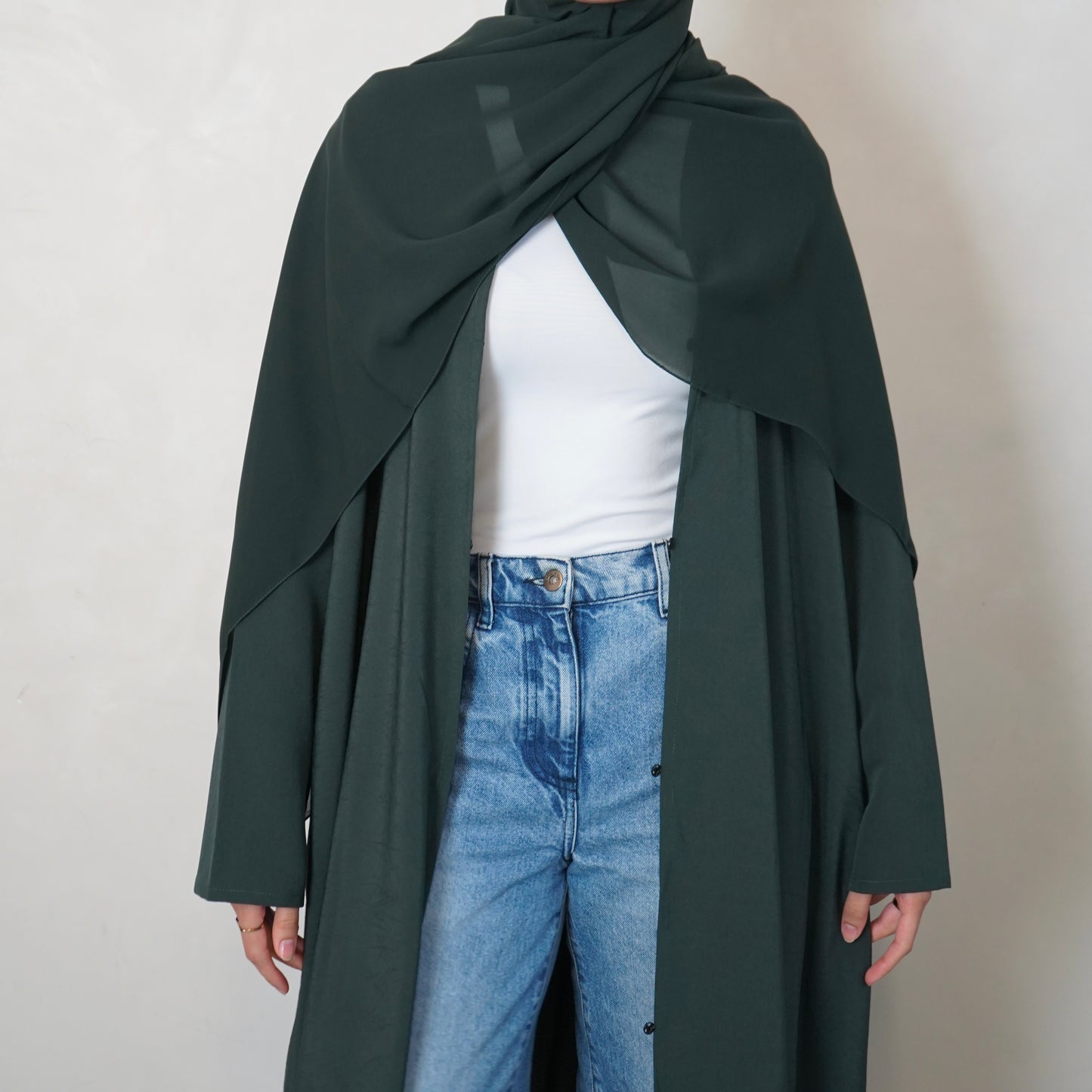 Textured Bottle Green Open Abaya with Scarf