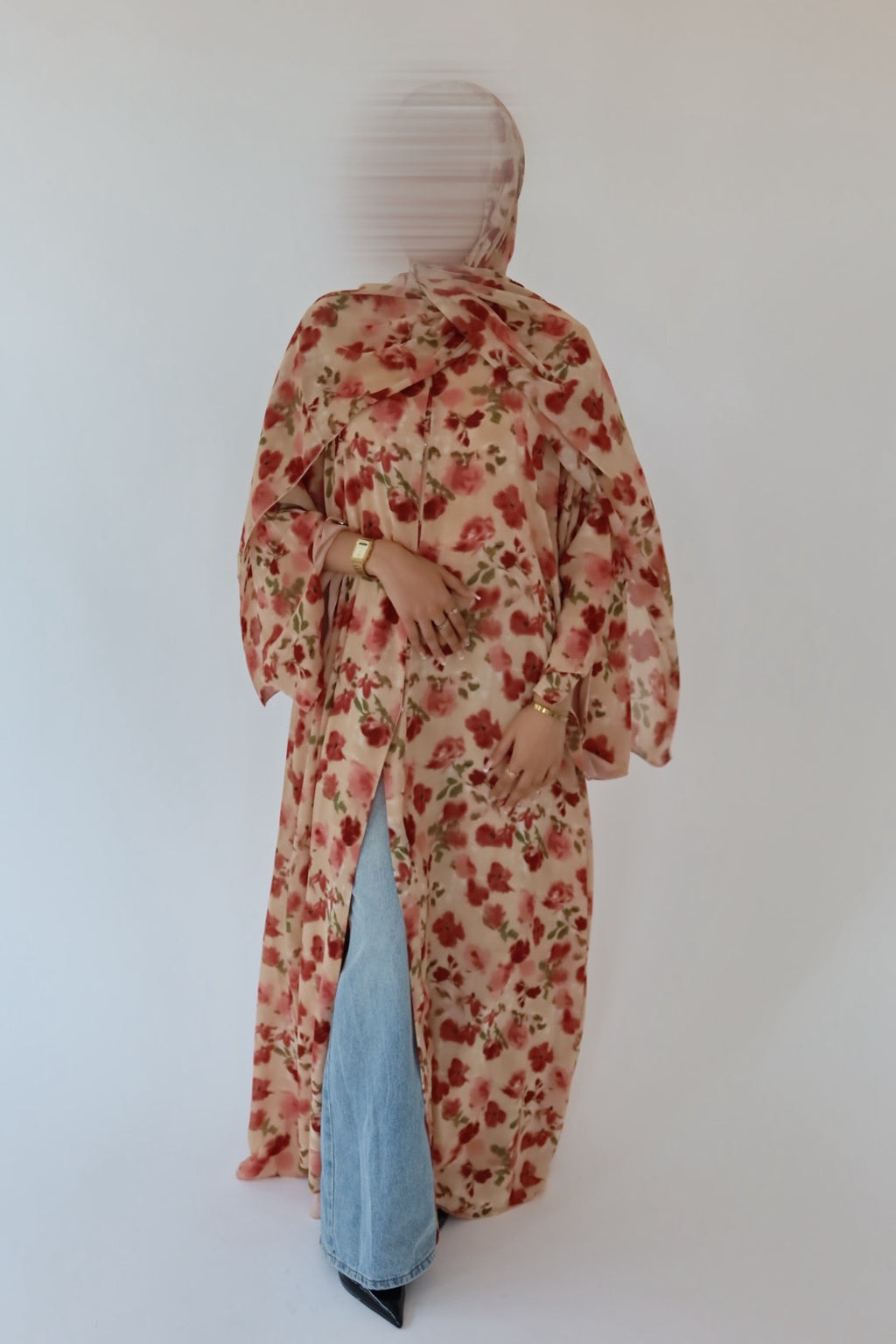Blush Rose print abaya with matching scarf