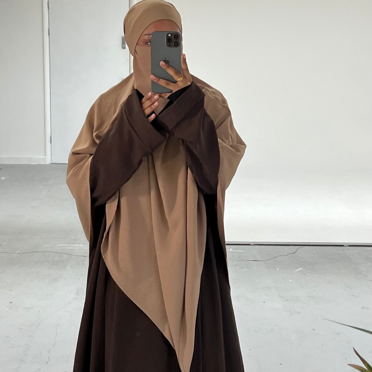 Cream Crepe Khimar with Niqab Ties