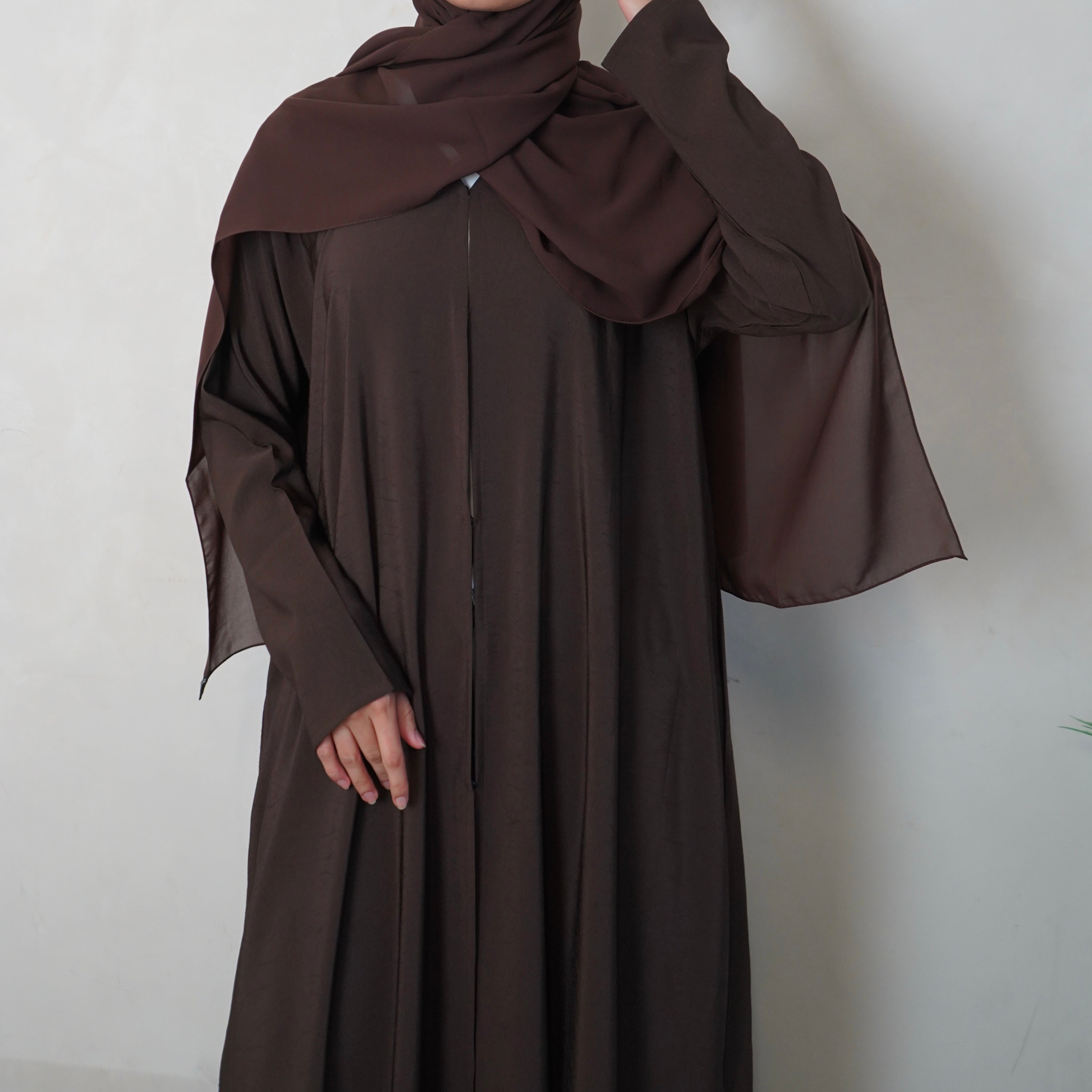 Textured Choc Brown Open Abaya with Scarf