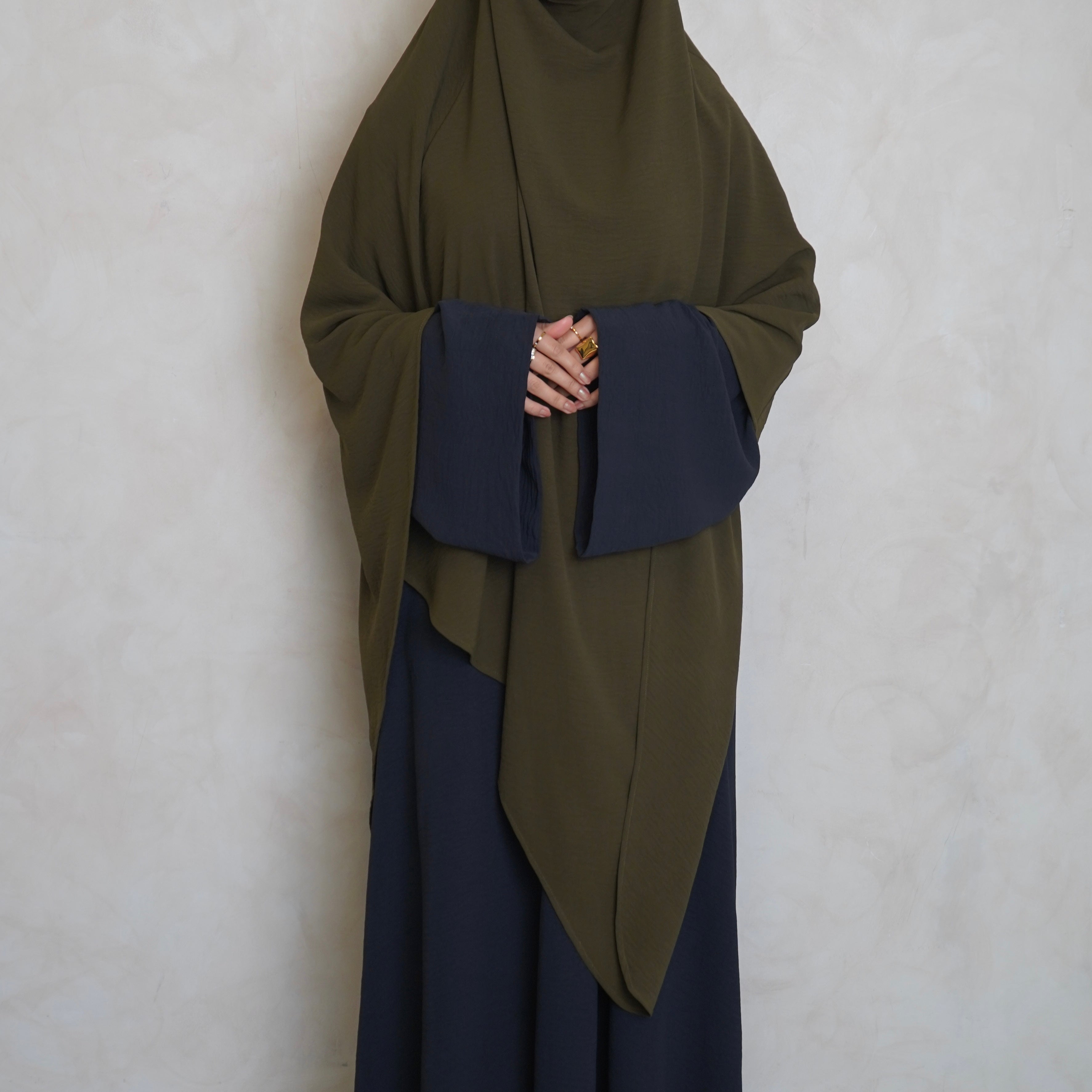 Extra Long Crepe Olive Green Khimar with Niqab Ties