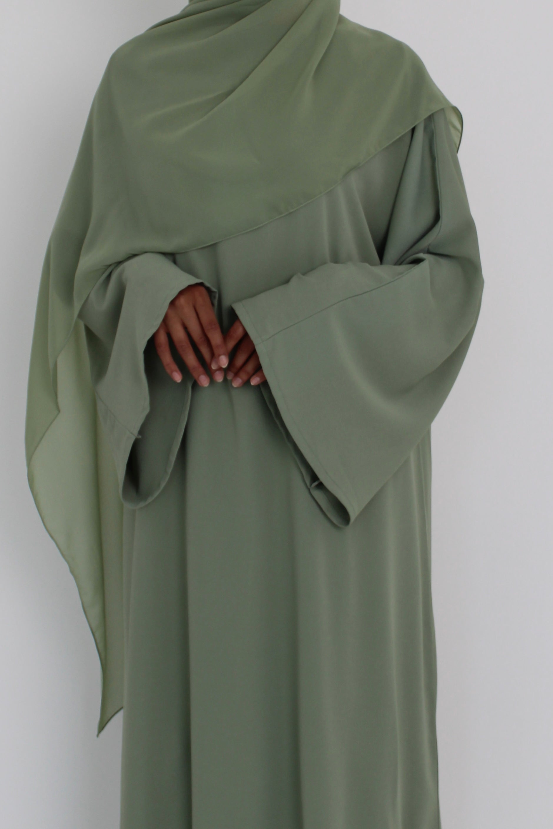 Sage Mist Bell Sleeve Abaya with hijab
