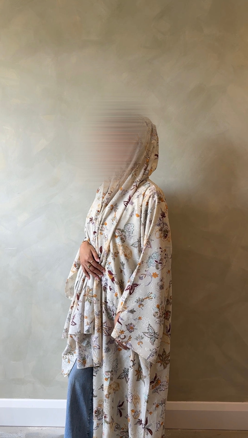 Beige floral abaya with matching scarf