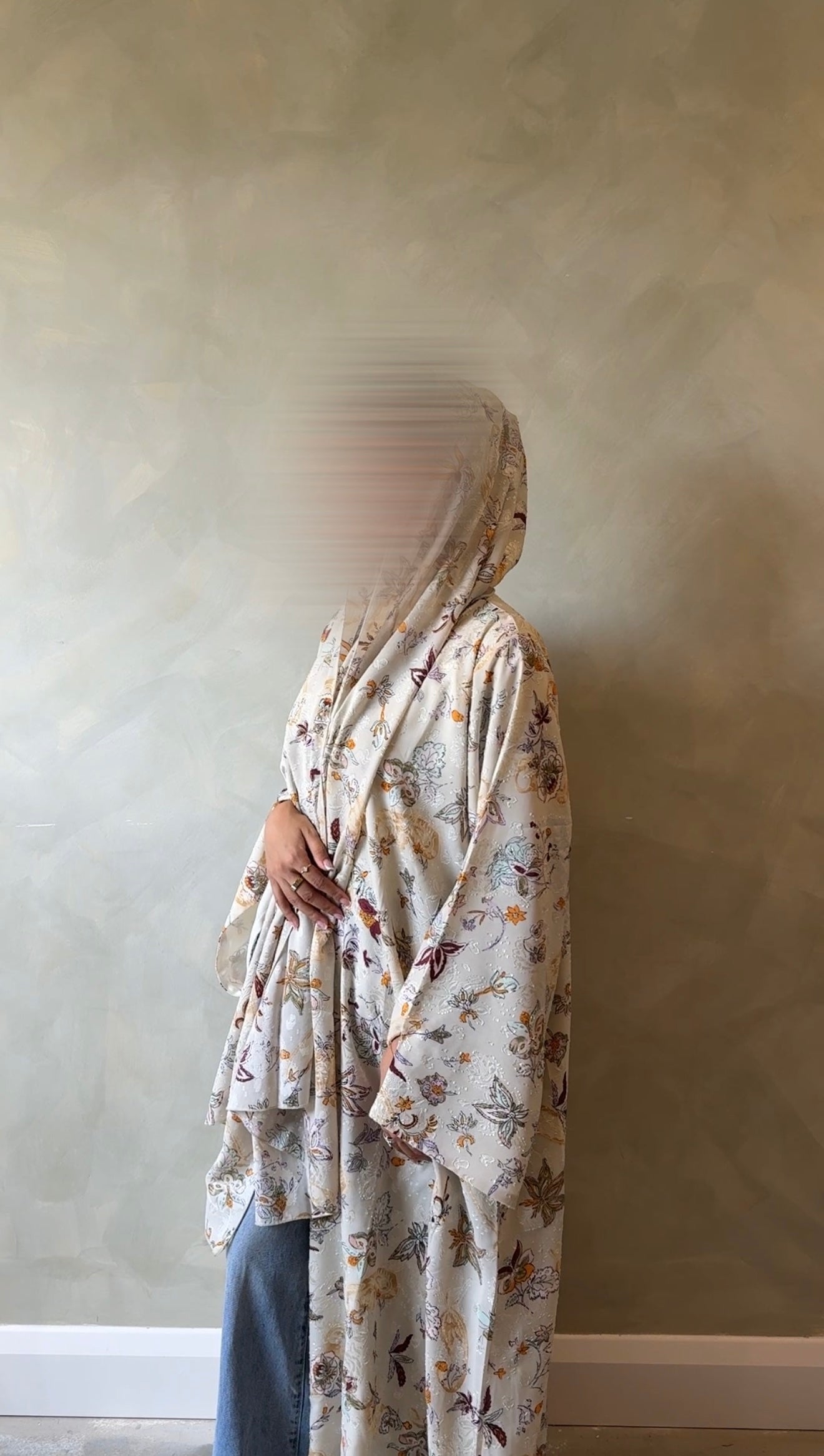 Beige floral abaya with matching scarf