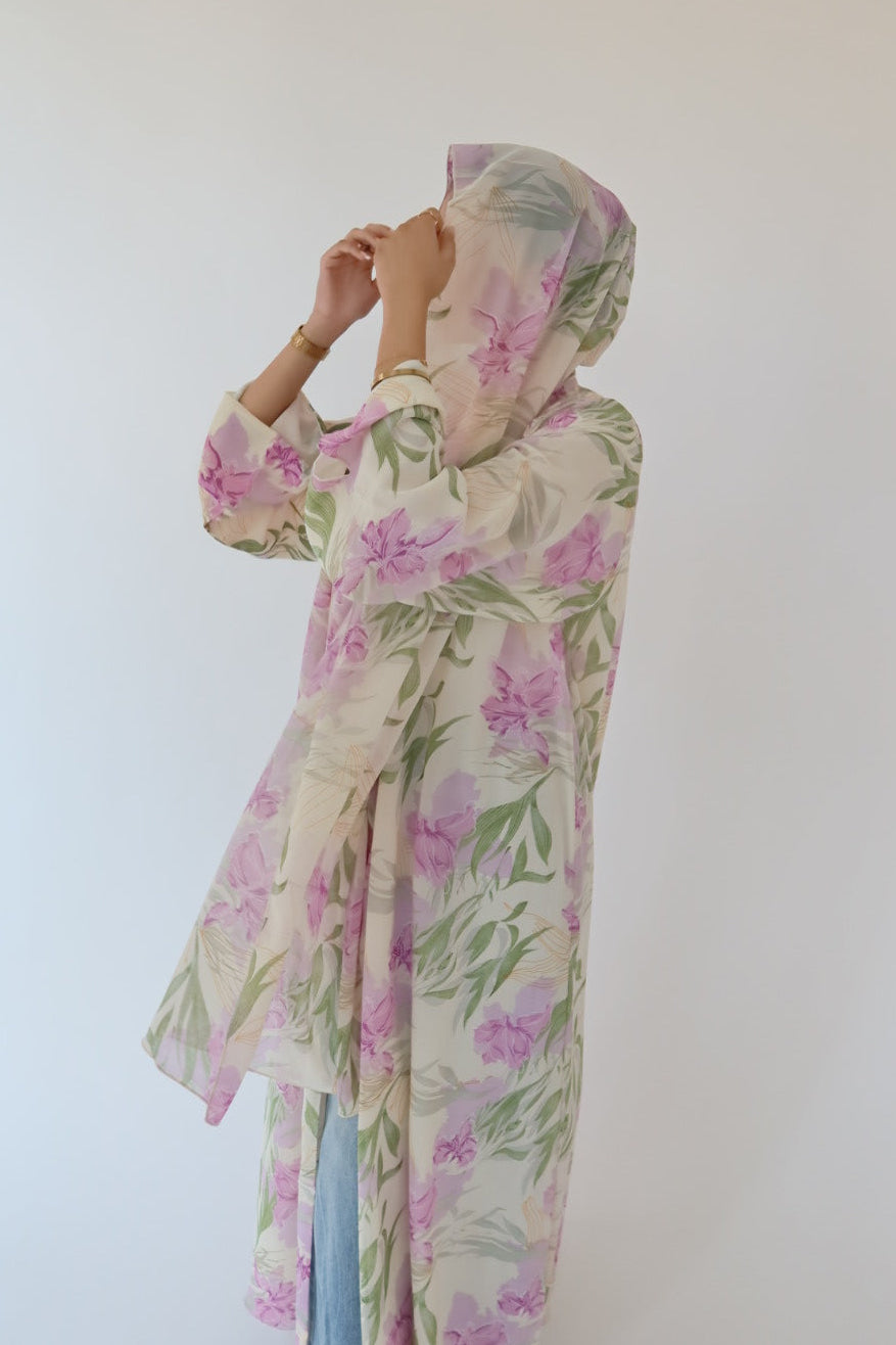 Lavender Bloom print abaya with matching scarf