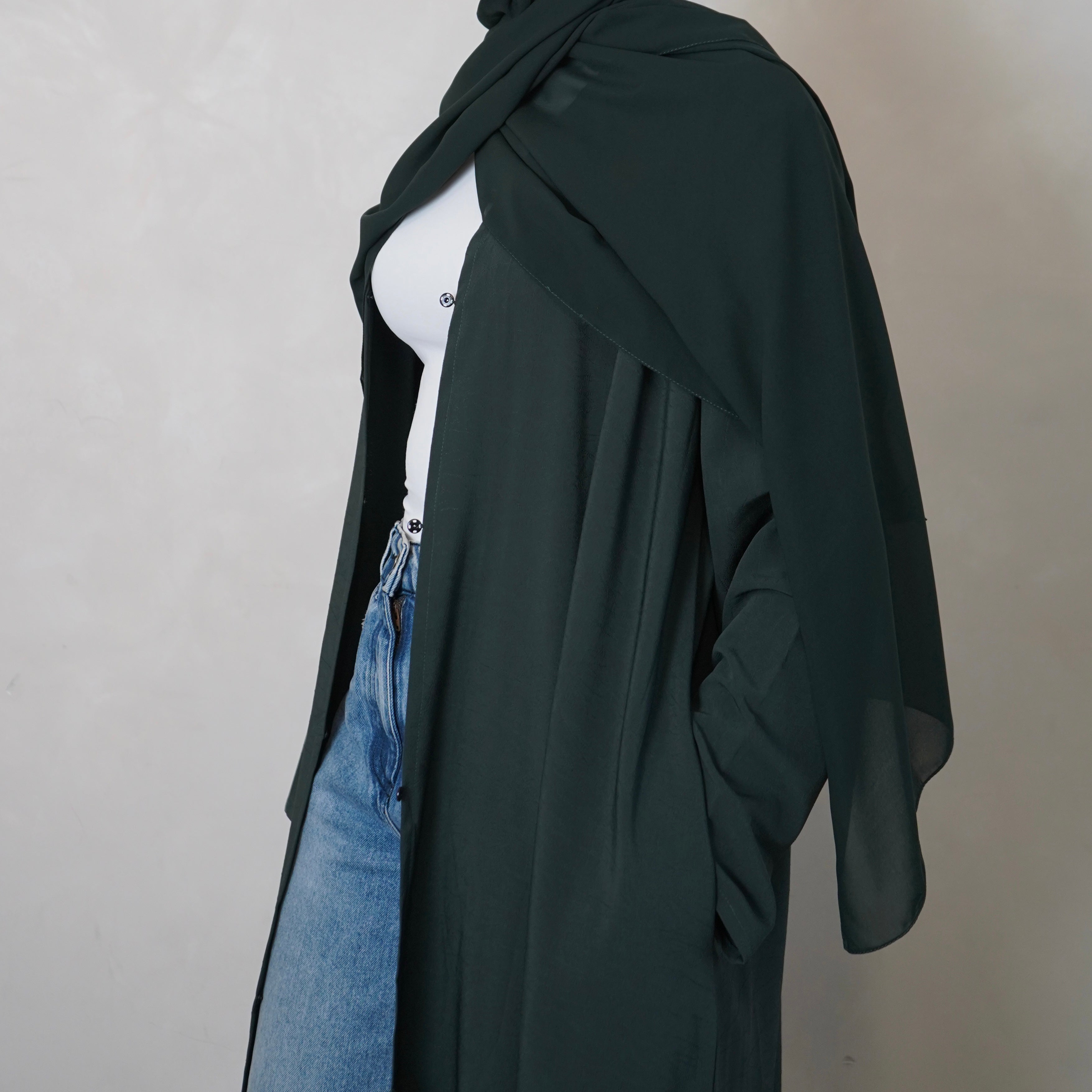 Textured Bottle Green Open Abaya with Scarf