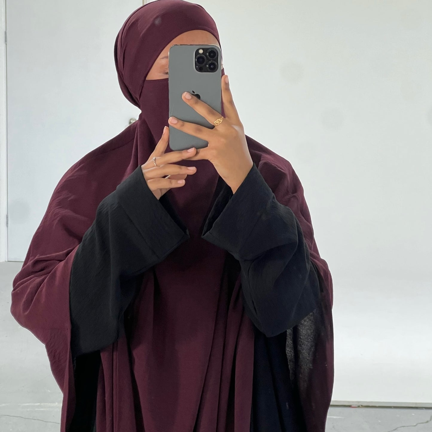 Extra Long Crepe Burgundy Khimar with Niqab Ties