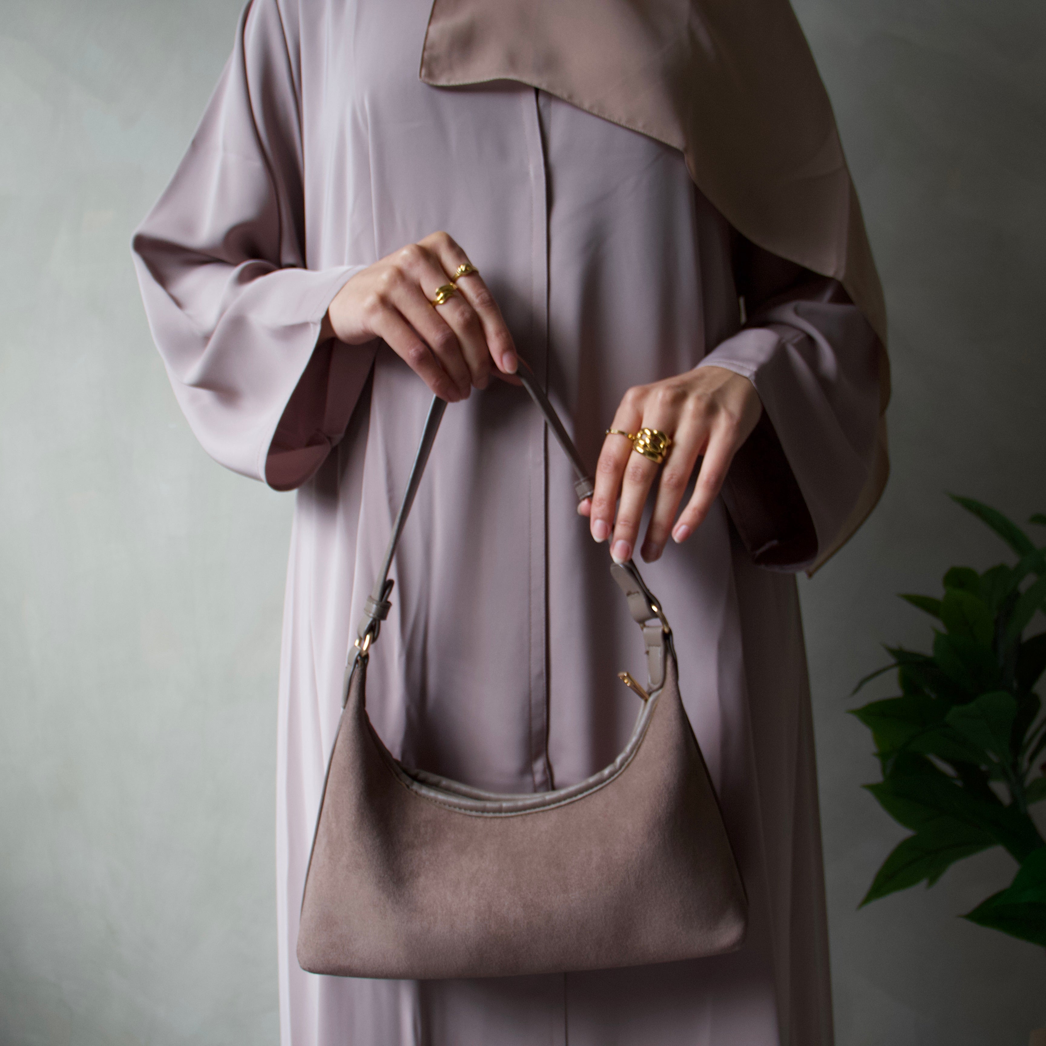 Soft taupe abaya with sheila headscarf