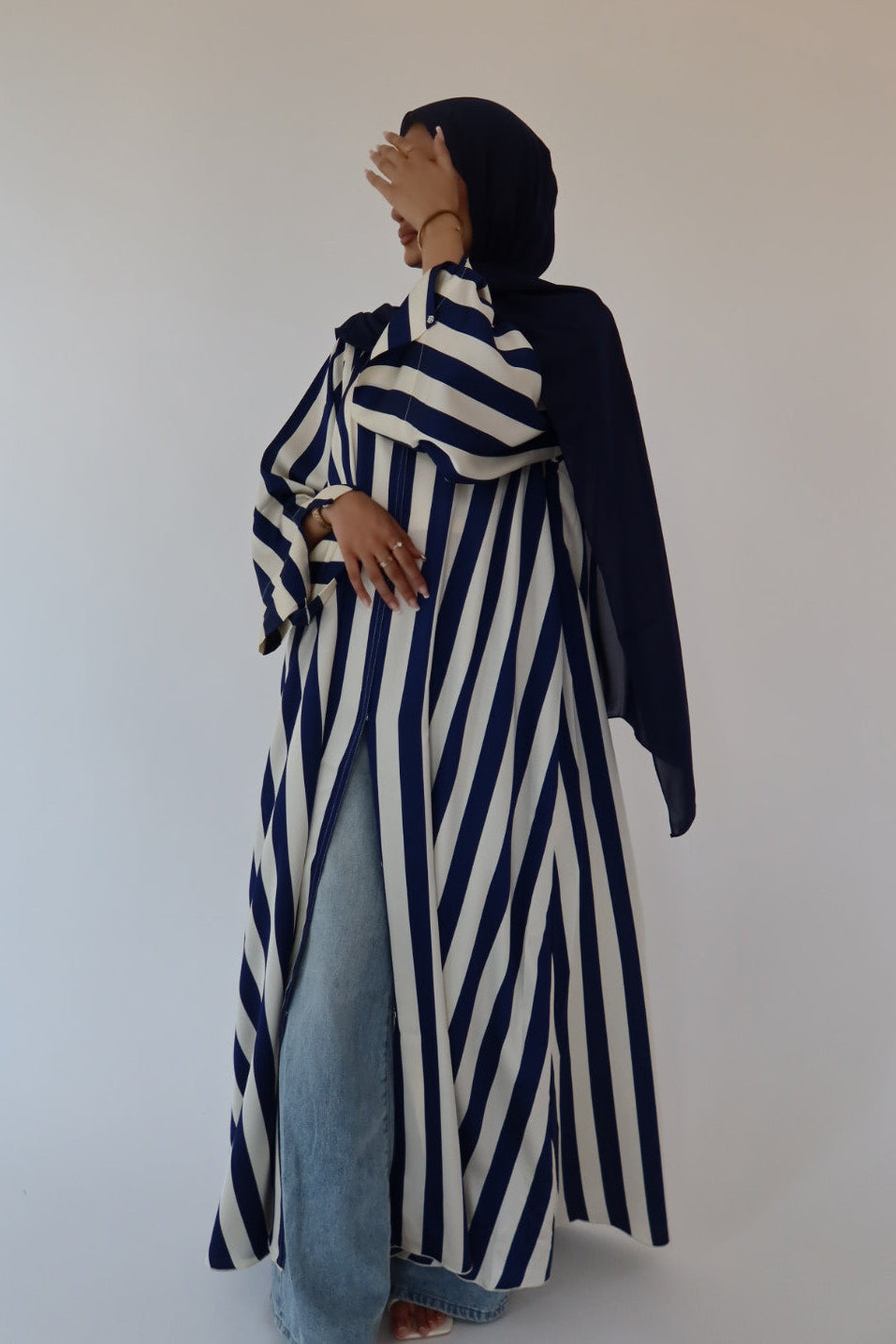 Navy Blue Stripe abaya with matching scarf