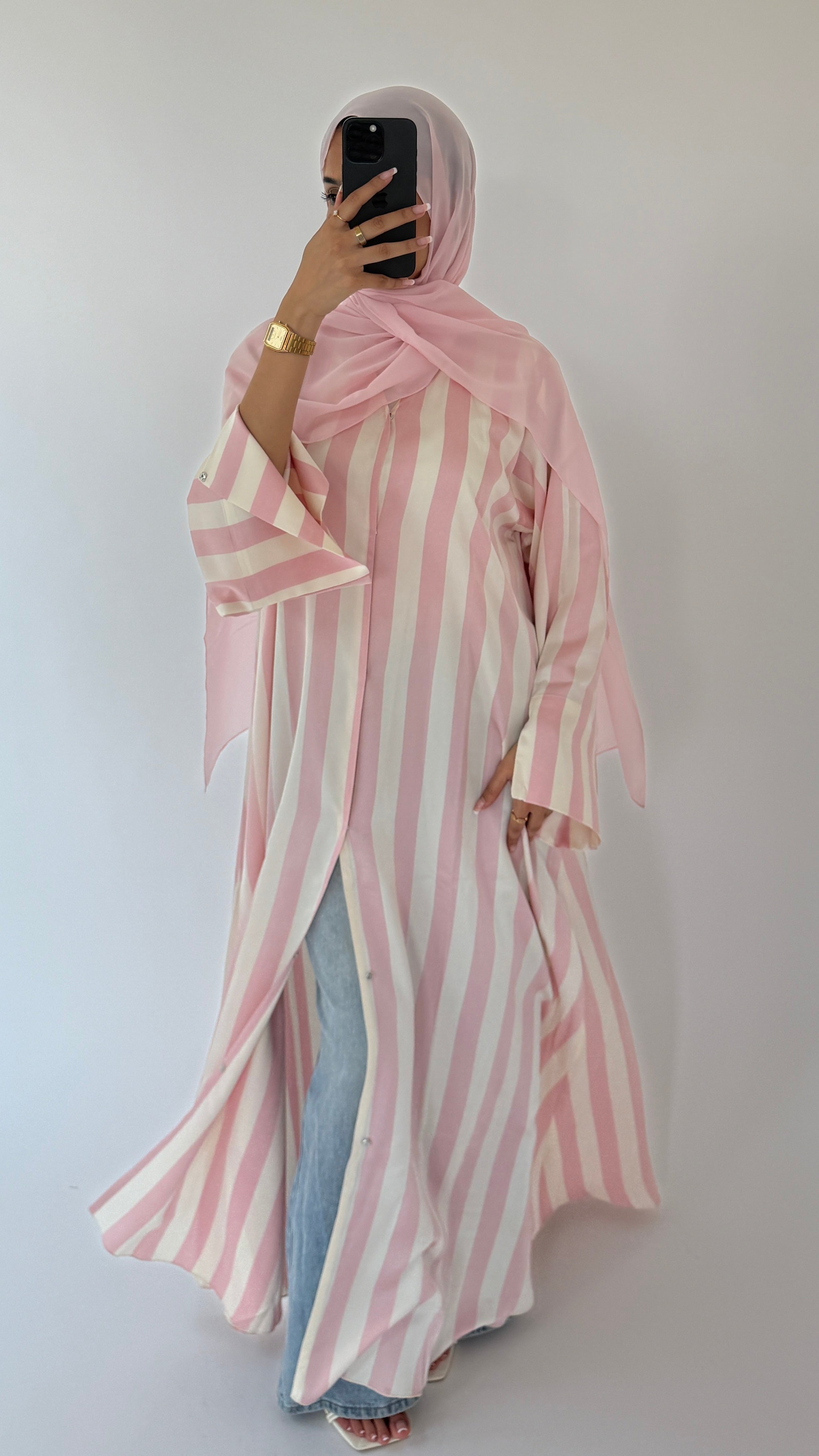 Candy Pink Stripe abaya with matching scarf