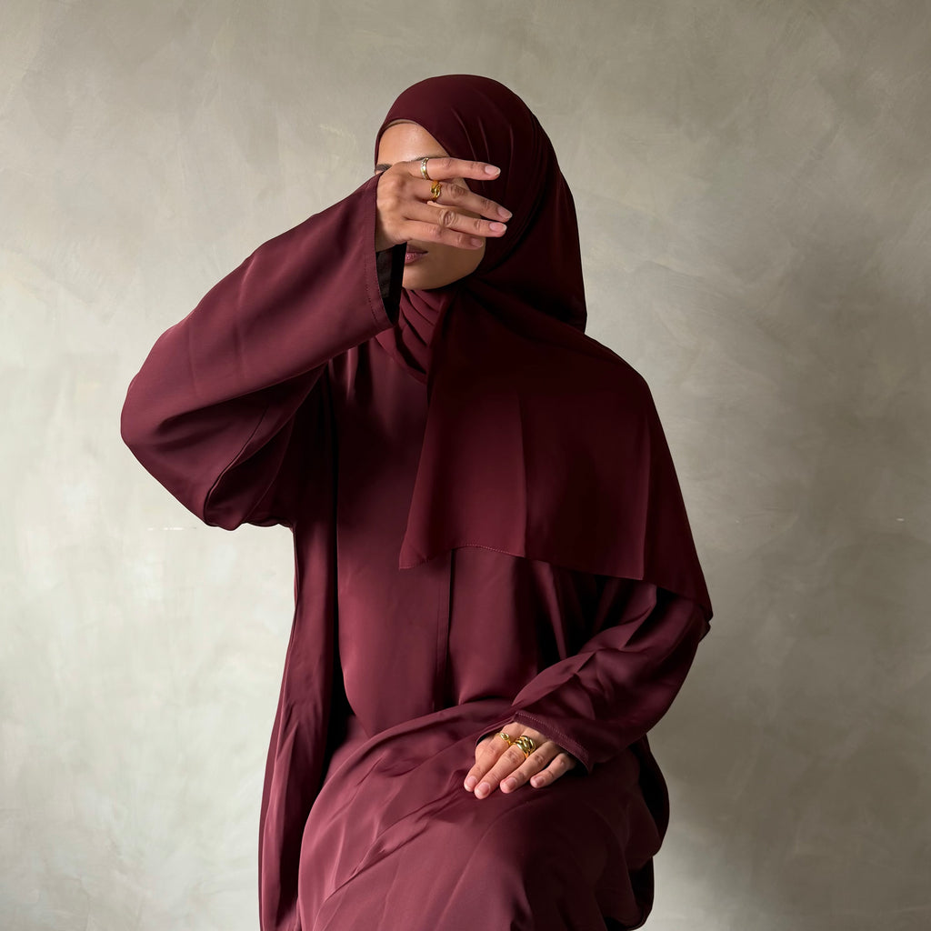 Wine red abaya with sheila headscarf